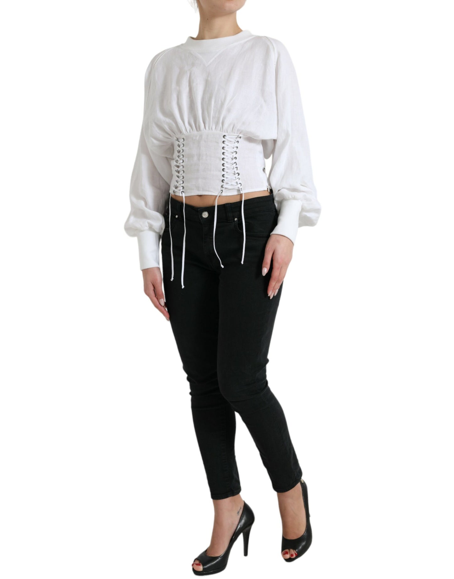 Dolce & Gabbana White Cotton Corset Cropped Long Sleeves Topclothing Dolce & Gabbana