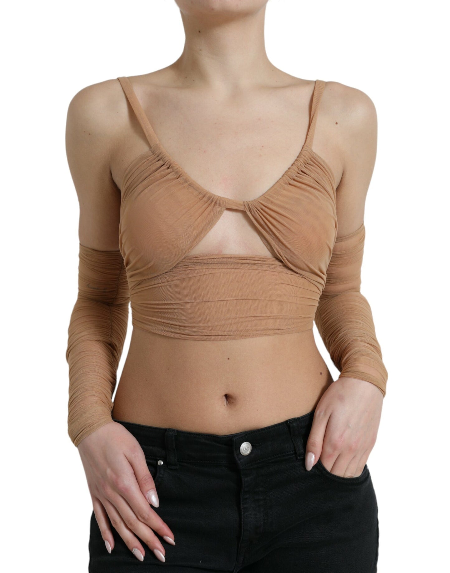 Dolce & Gabbana Brown Nylon Stretch Open Shoulder Cropped Top Dolce & Gabbana