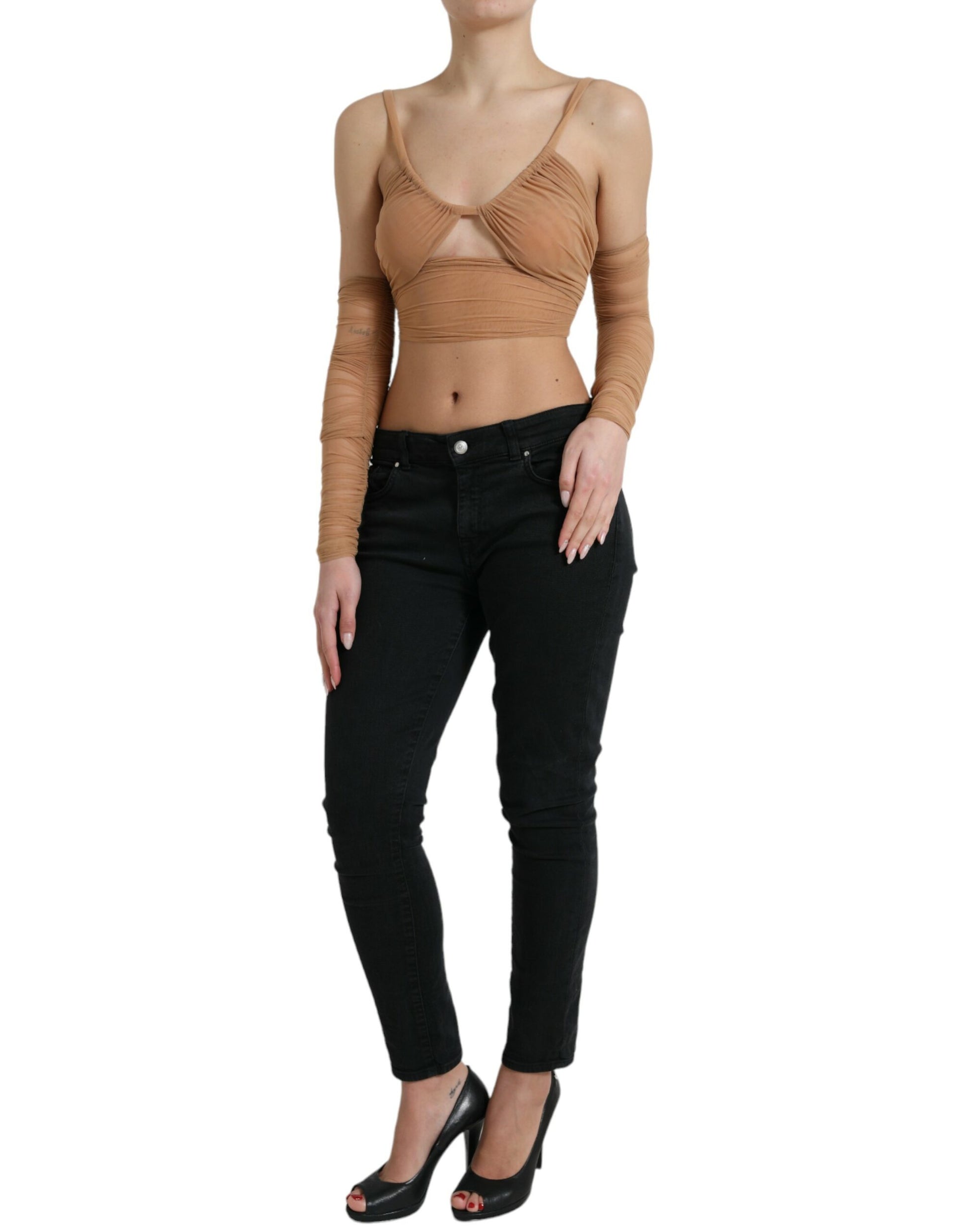 Dolce & Gabbana Brown Nylon Stretch Open Shoulder Cropped Top Dolce & Gabbana
