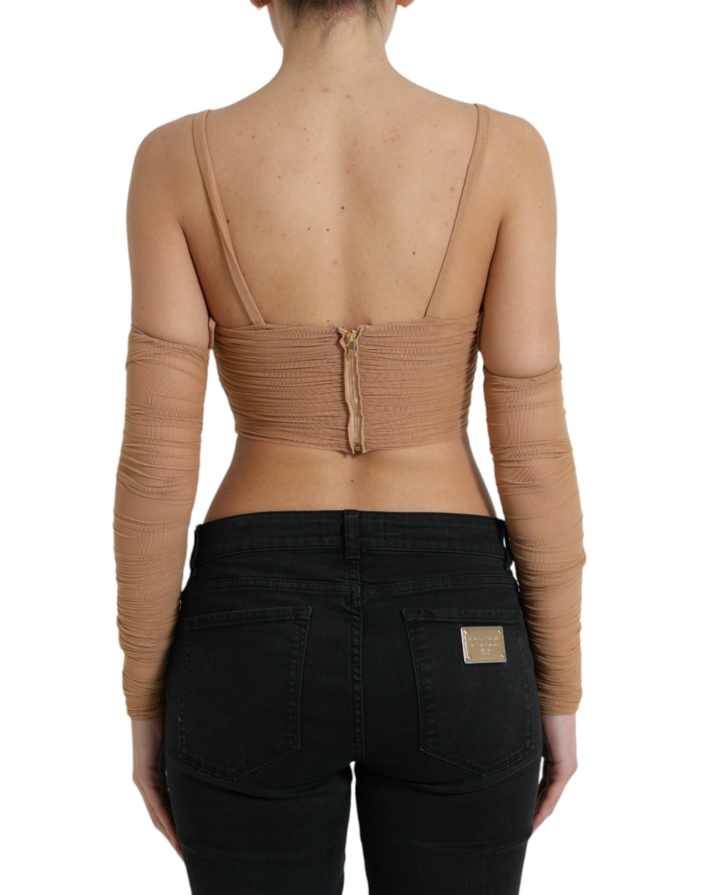 Dolce & Gabbana Brown Nylon Stretch Open Shoulder Cropped Top Dolce & Gabbana