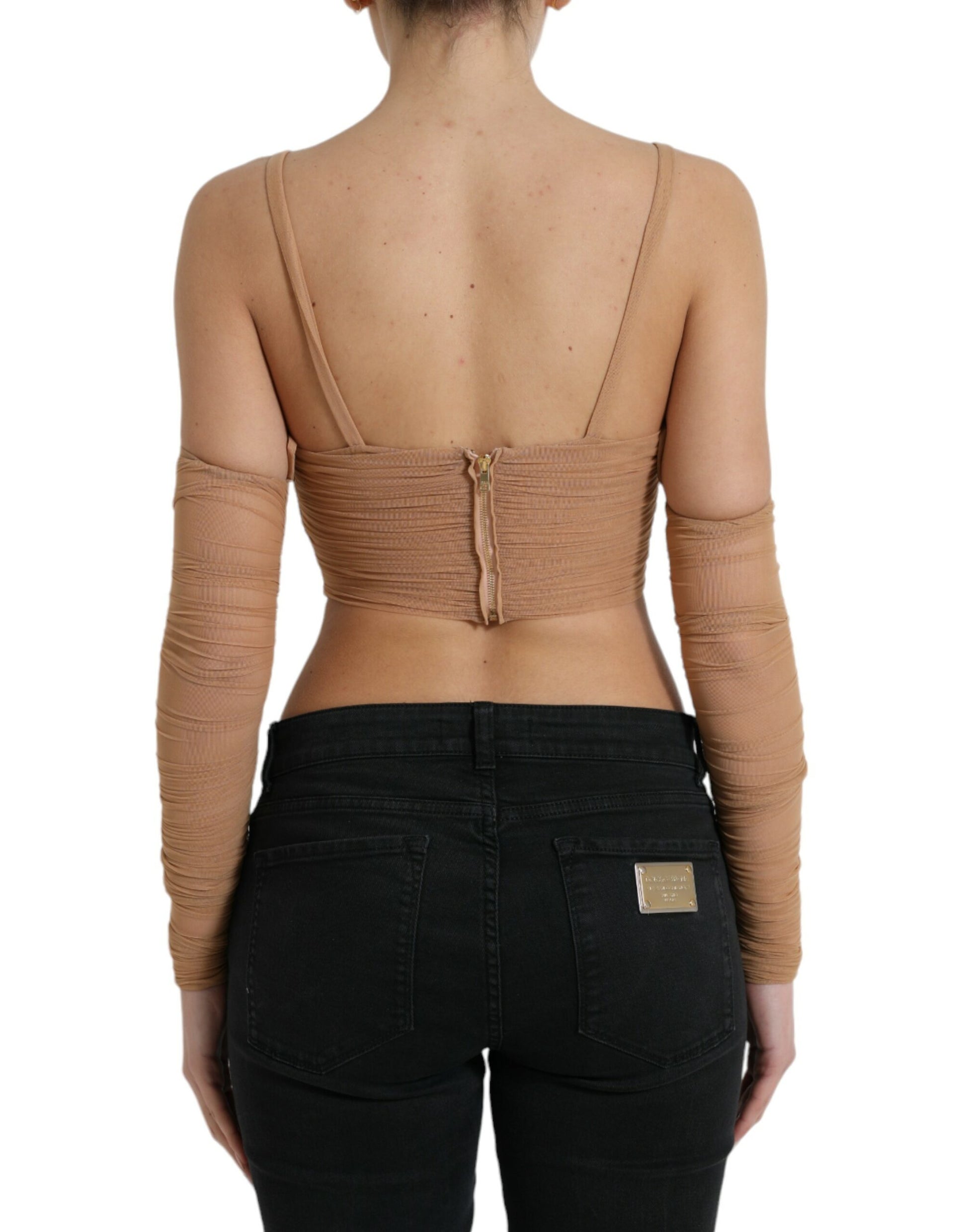 Dolce & Gabbana Brown Nylon Stretch Open Shoulder Cropped Top Dolce & Gabbana