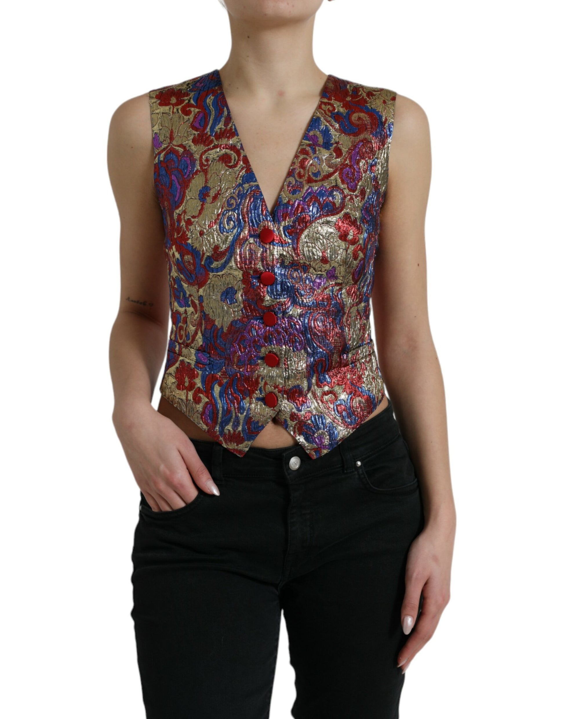 Dolce & Gabbana Multicolor Jacquard Button Waistcoat Vest Top Dolce & Gabbana