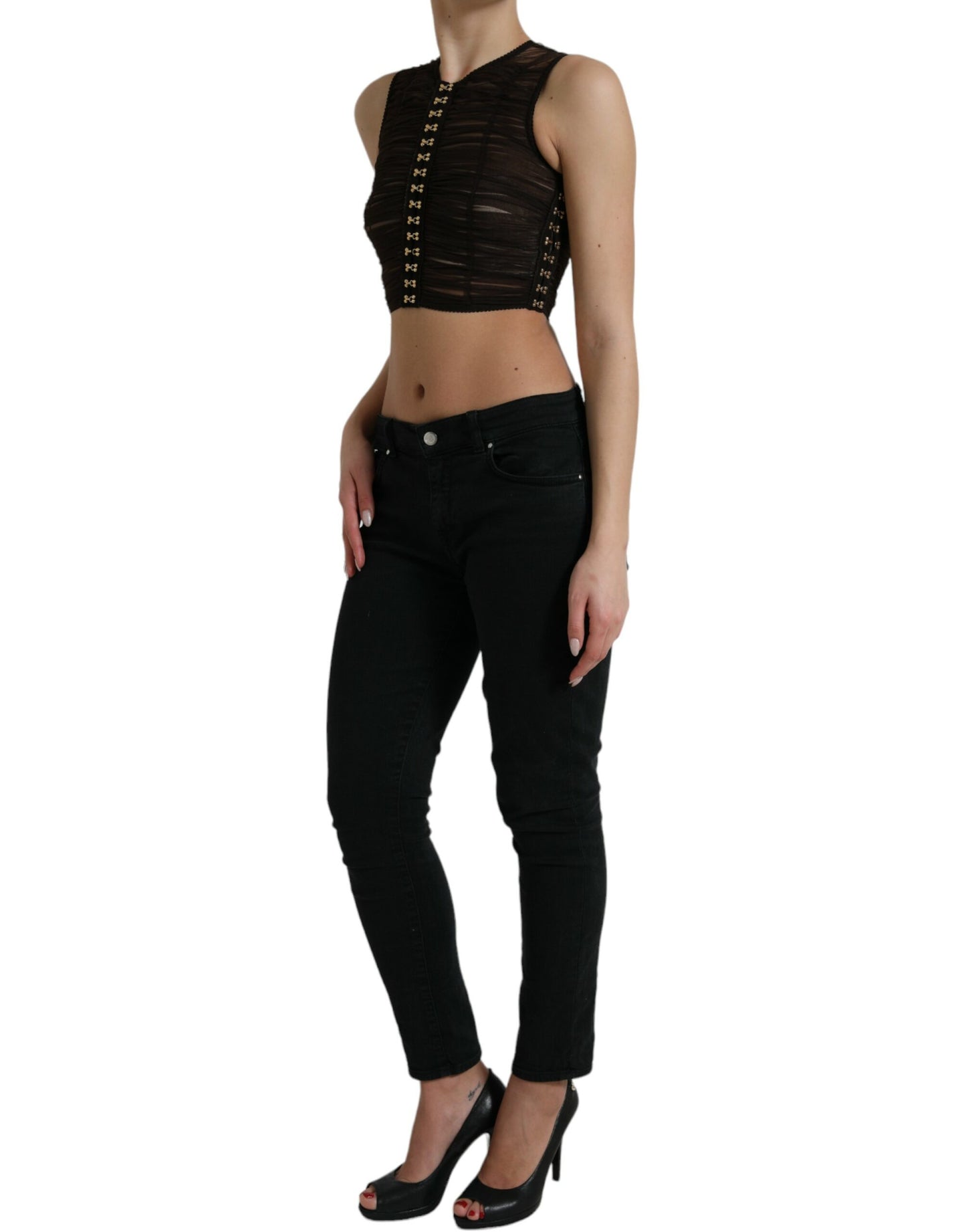 Dolce & Gabbana Brown Embellished Nylon Stretch Cropped Top Dolce & Gabbana