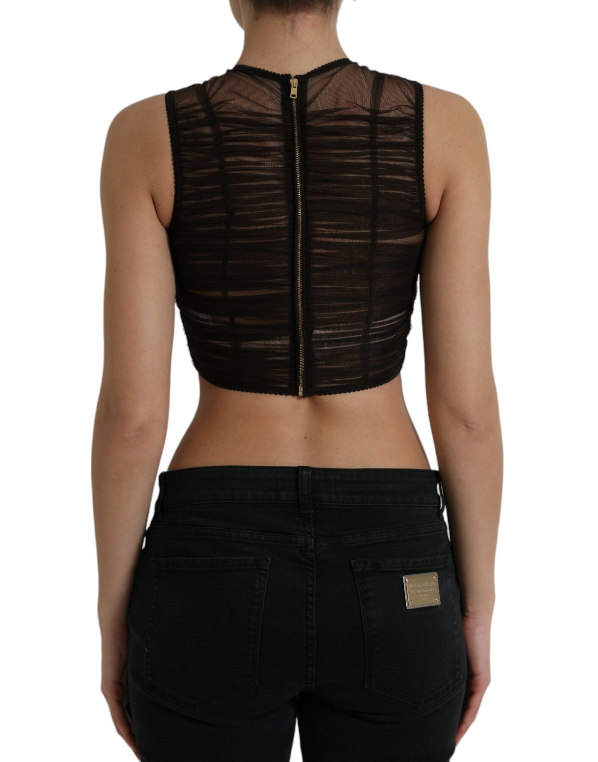 Dolce & Gabbana Brown Embellished Nylon Stretch Cropped Top Dolce & Gabbana