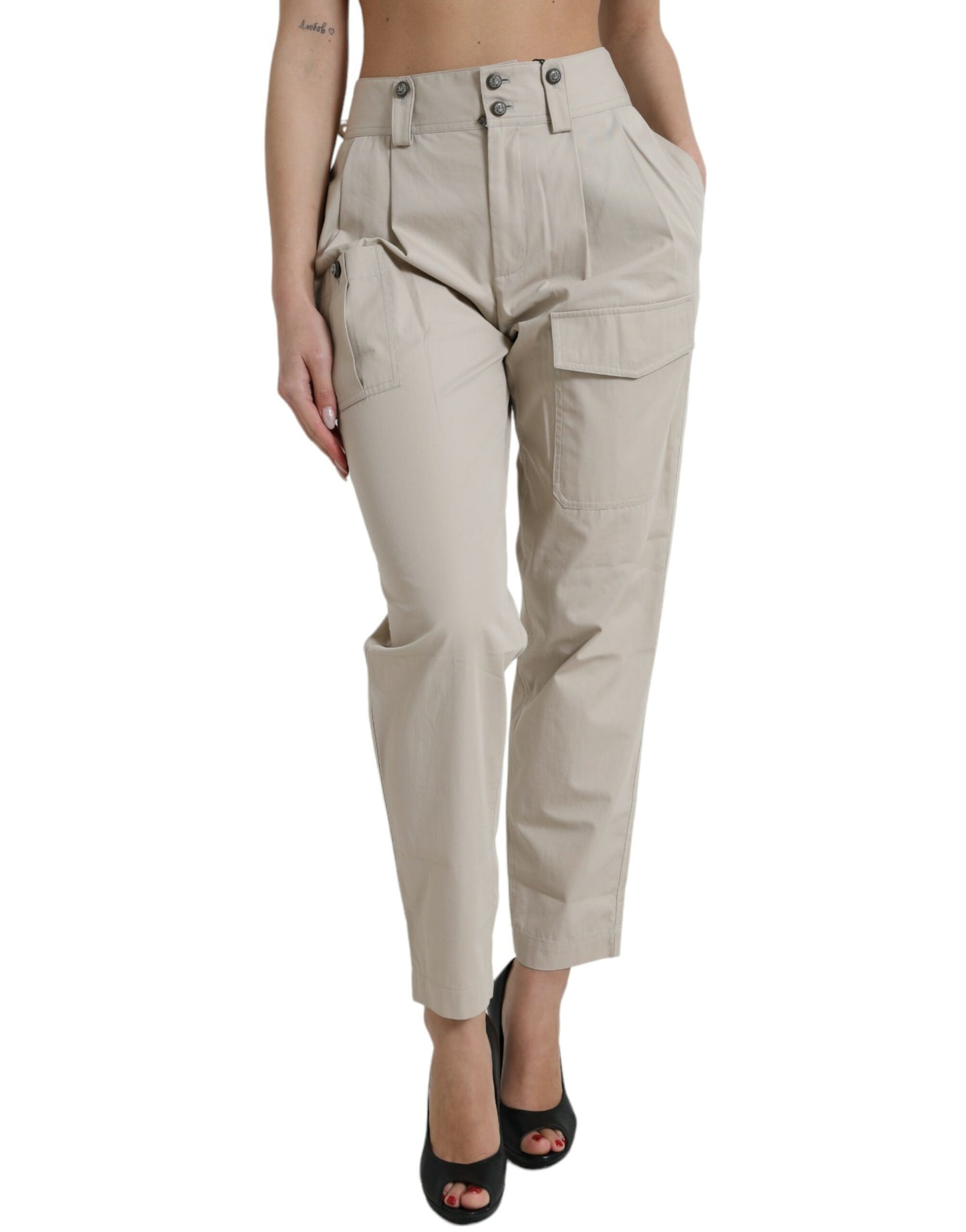 Dolce & Gabbana Beige Cotton High Waist Tapered Pants Dolce & Gabbana