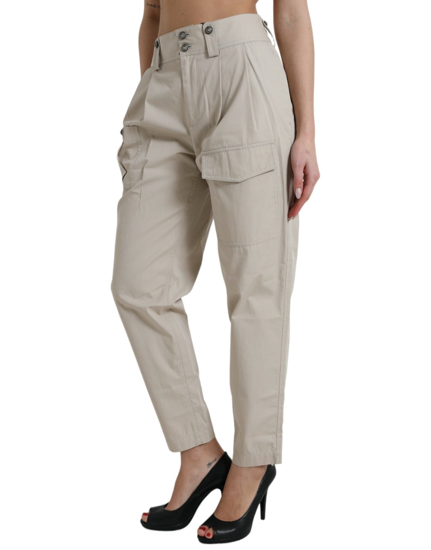 Dolce & Gabbana Beige Cotton High Waist Tapered Pants Dolce & Gabbana