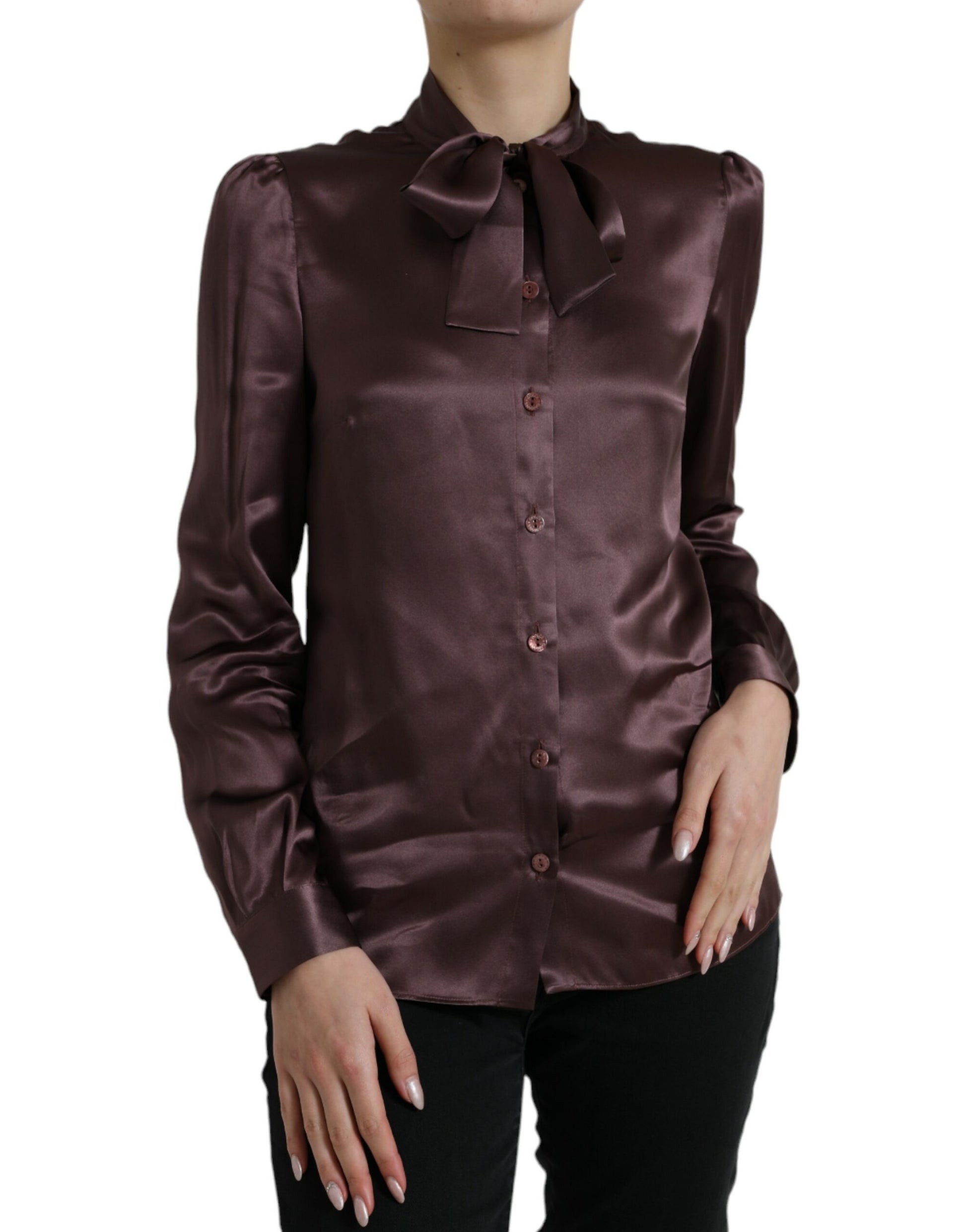 Dolce & Gabbana Brown Silk Ascot Collar Long Sleeve Blouse Top Dolce & Gabbana