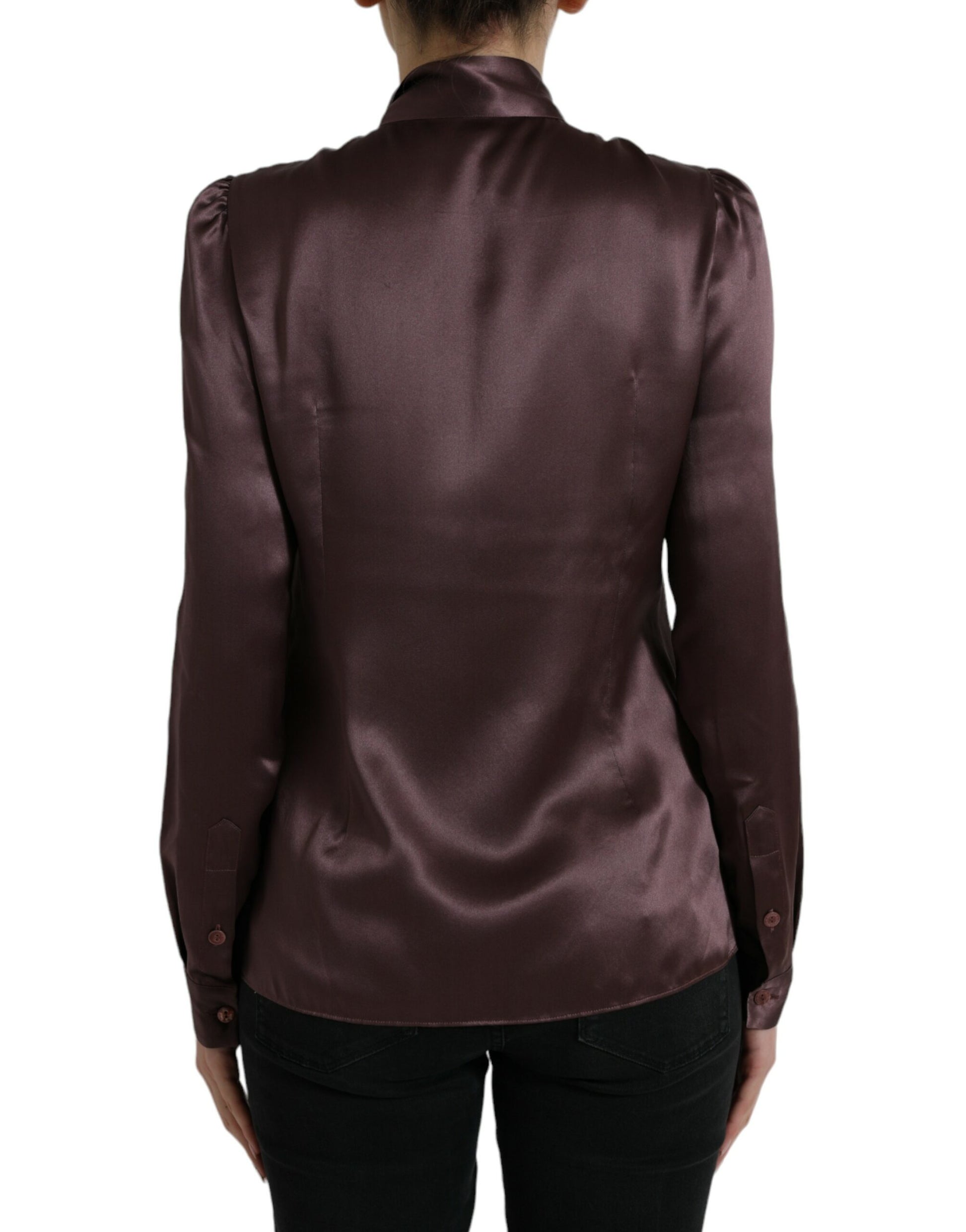 Dolce & Gabbana Brown Silk Ascot Collar Long Sleeve Blouse Top Dolce & Gabbana