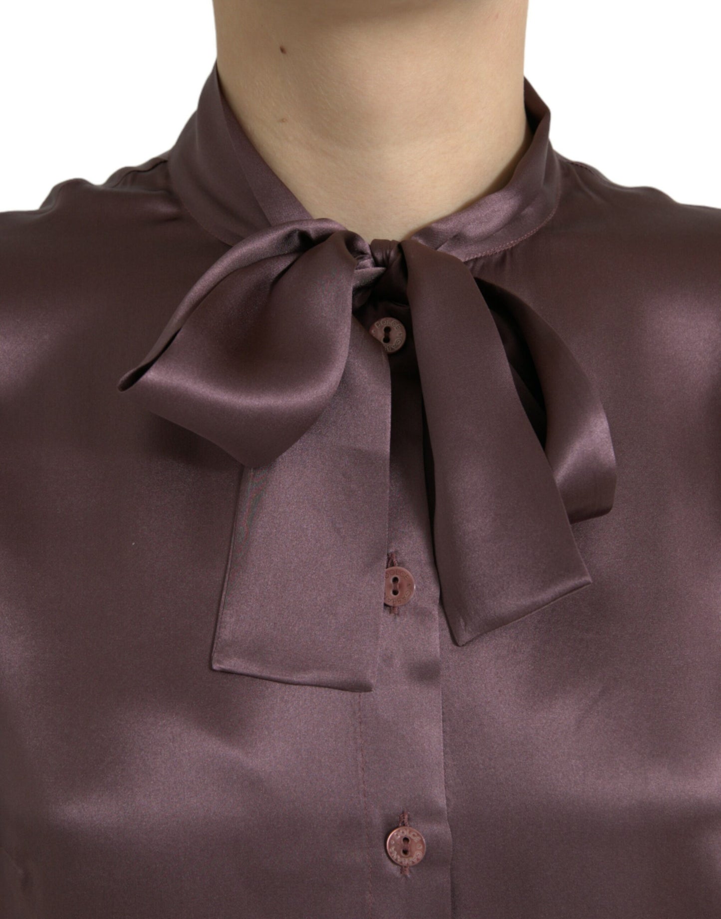 Dolce & Gabbana Brown Silk Ascot Collar Long Sleeve Blouse Top Dolce & Gabbana