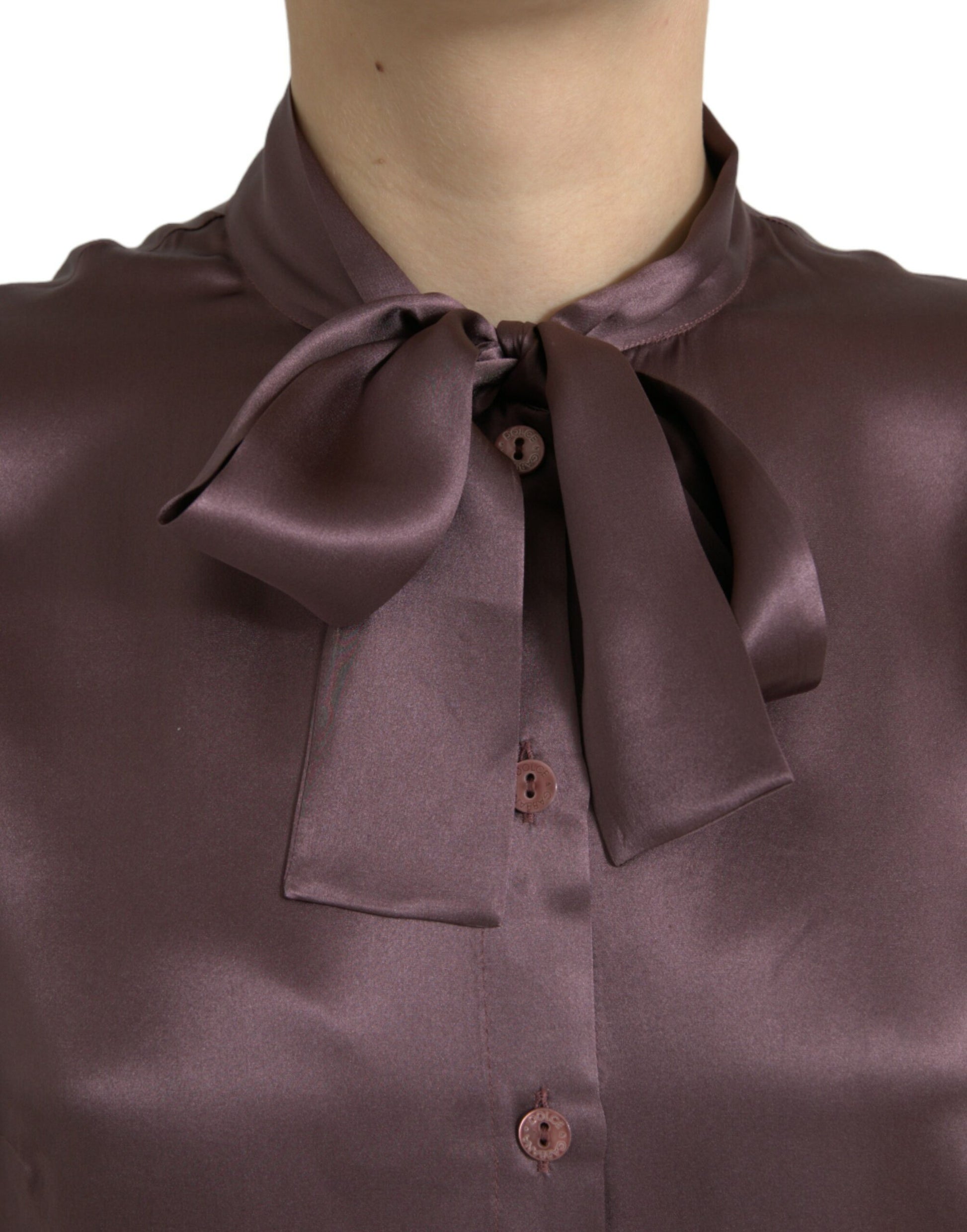 Dolce & Gabbana Brown Silk Ascot Collar Long Sleeve Blouse Top Dolce & Gabbana