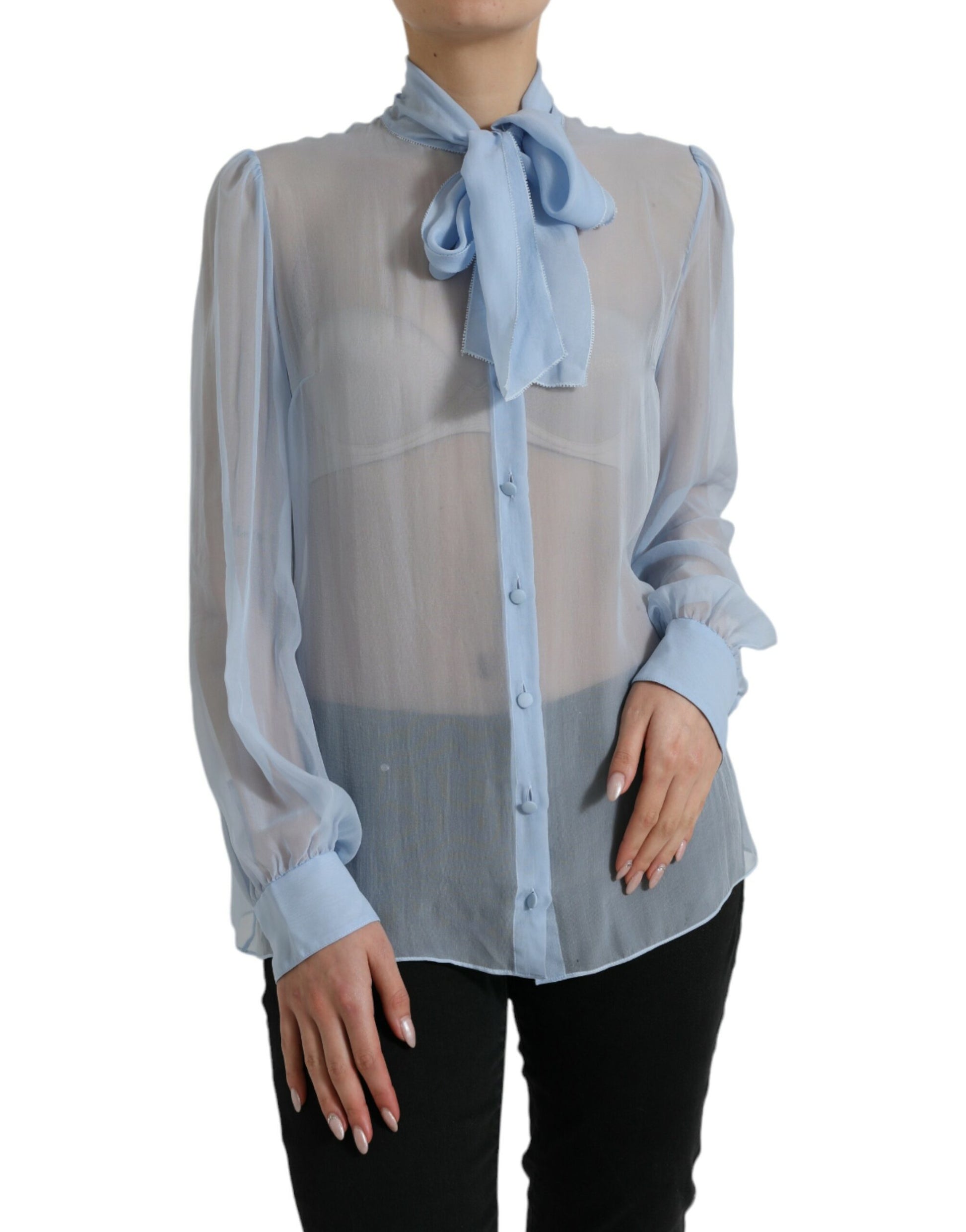 Dolce & Gabbana Blue Long Sleeves Ascot Collar Blouse Top Dolce & Gabbana