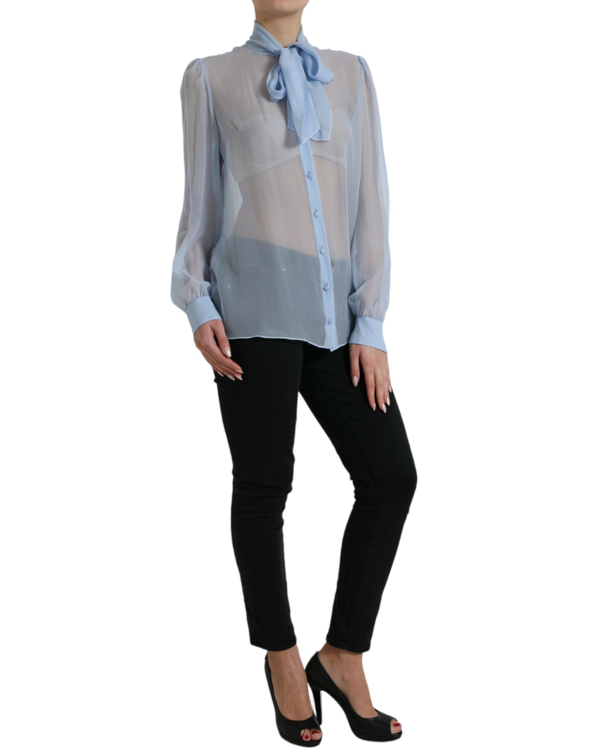 Dolce & Gabbana Blue Long Sleeves Ascot Collar Blouse Top Dolce & Gabbana