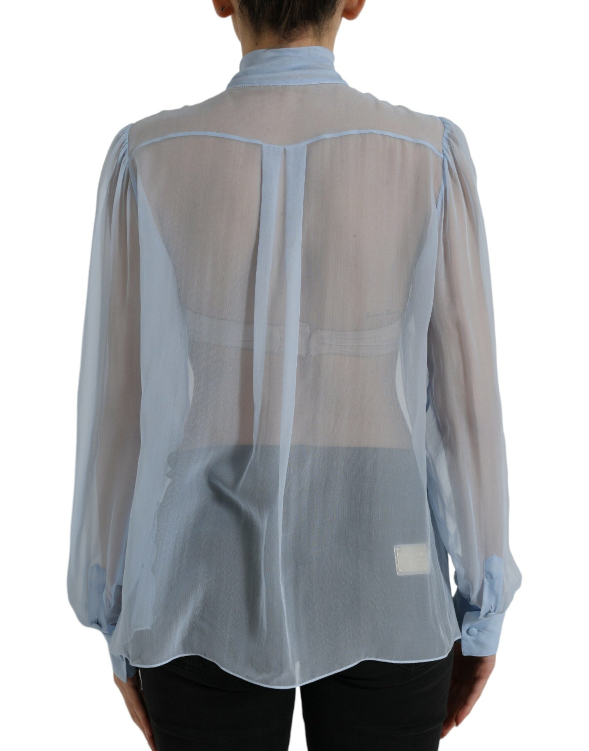 Dolce & Gabbana Blue Long Sleeves Ascot Collar Blouse Top Dolce & Gabbana