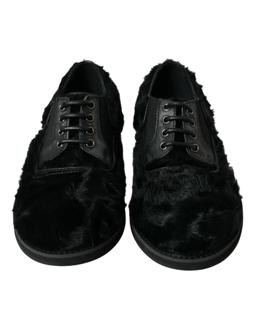 Dolce & Gabbana black fur leather lace-up derby dress shoes with sleek design and polished finish.