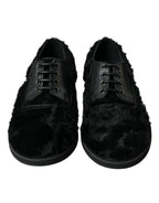 Dolce & Gabbana black fur leather lace-up derby dress shoes with sleek design and polished finish.