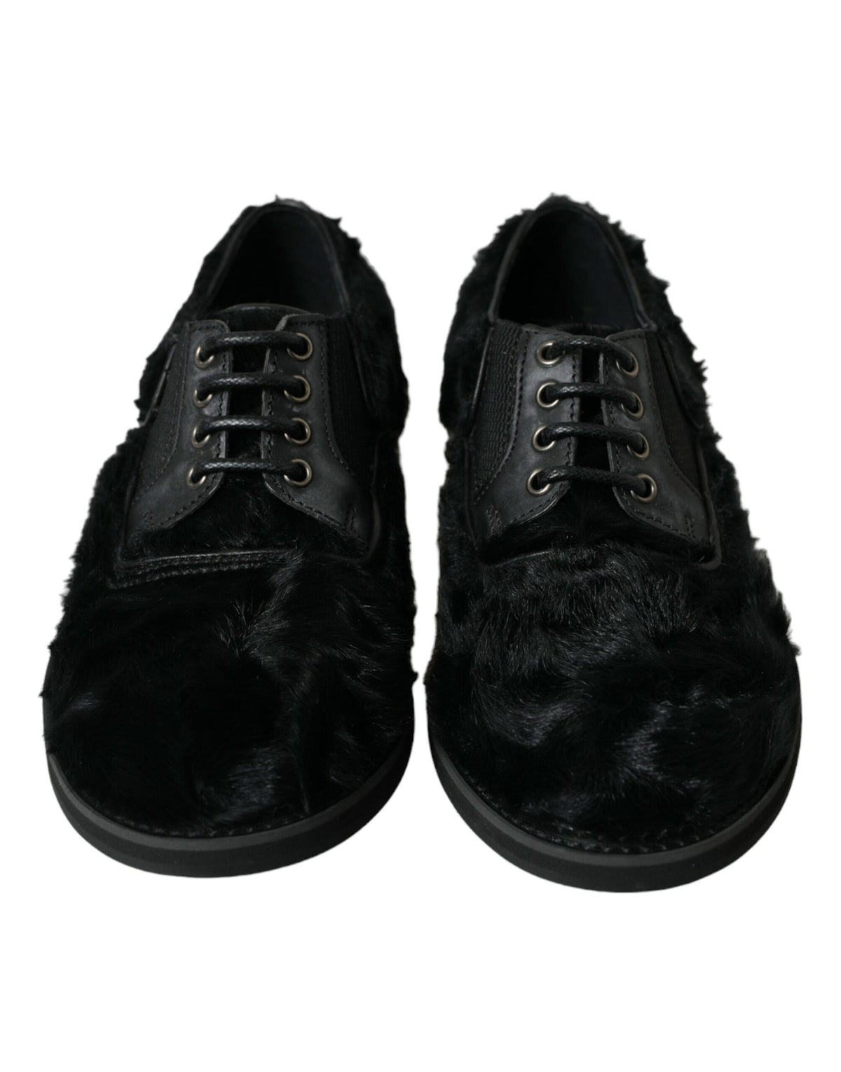 Dolce & Gabbana black fur leather lace-up derby dress shoes with sleek design and polished finish.