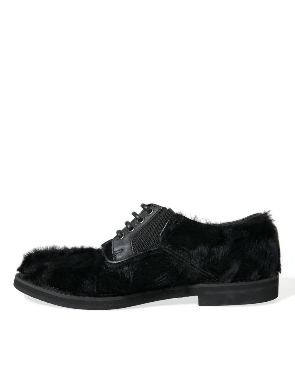 Dolce & Gabbana black leather lace-up derby dress shoes with fur accents and polished finish, stylish men's footwear.