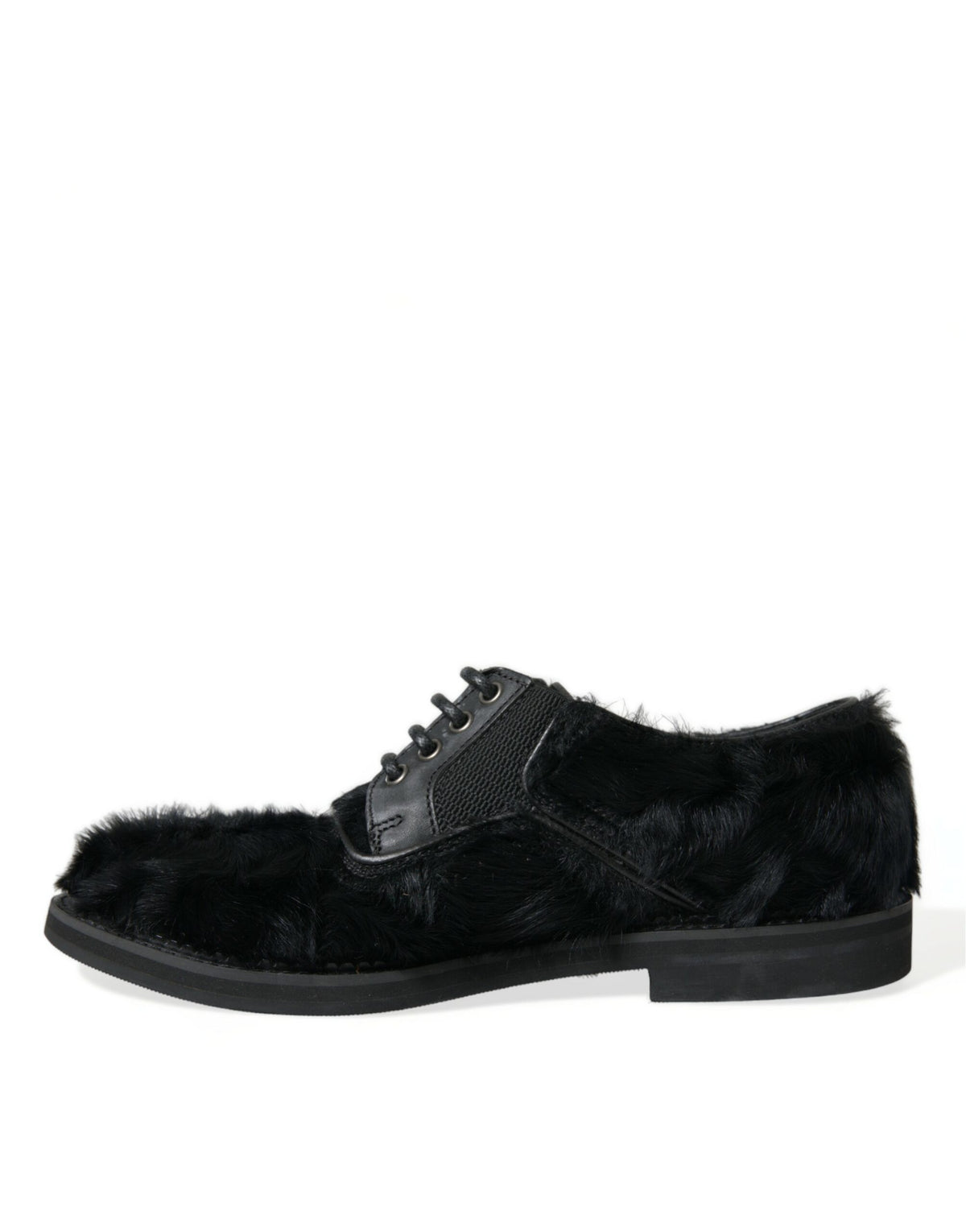 Dolce & Gabbana black leather lace-up derby dress shoes with fur accents and polished finish, stylish men's footwear.