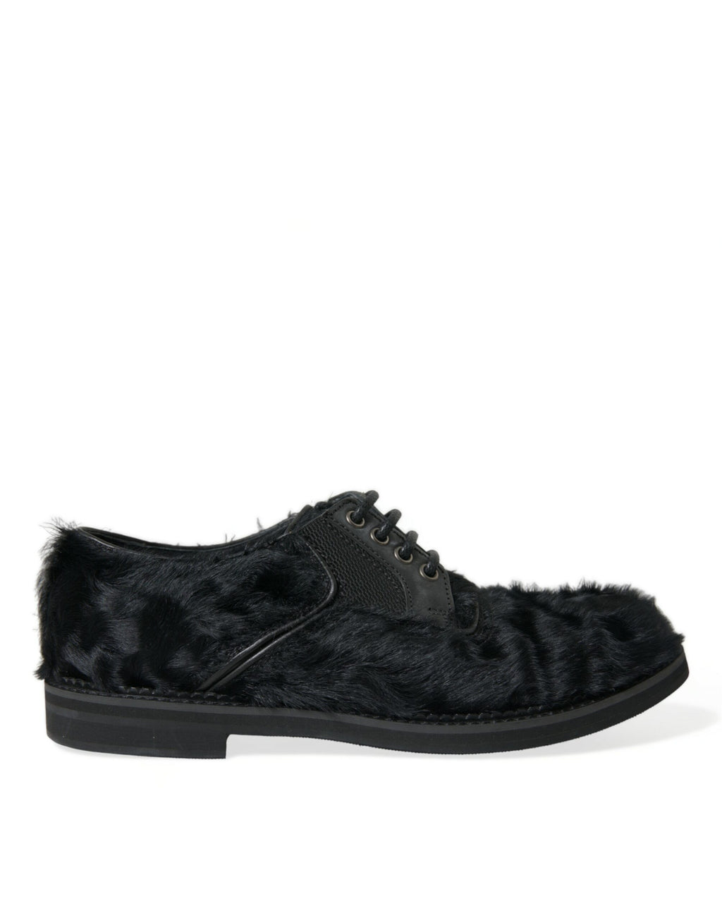 Dolce & Gabbana black fur leather lace-up derby dress shoes with sleek design and polished finish.