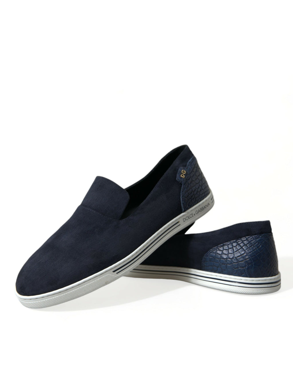 Dolce & Gabbana Blue Suede Caiman Loafers with classic slip-on design and sleek style on a white background.