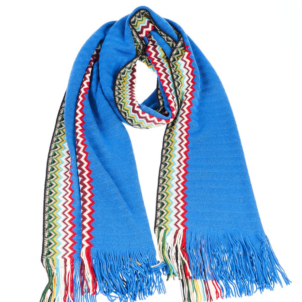 Missoni blue wool men's scarf with colorful zigzag knit pattern, cozy and stylish accessory for cold weather.