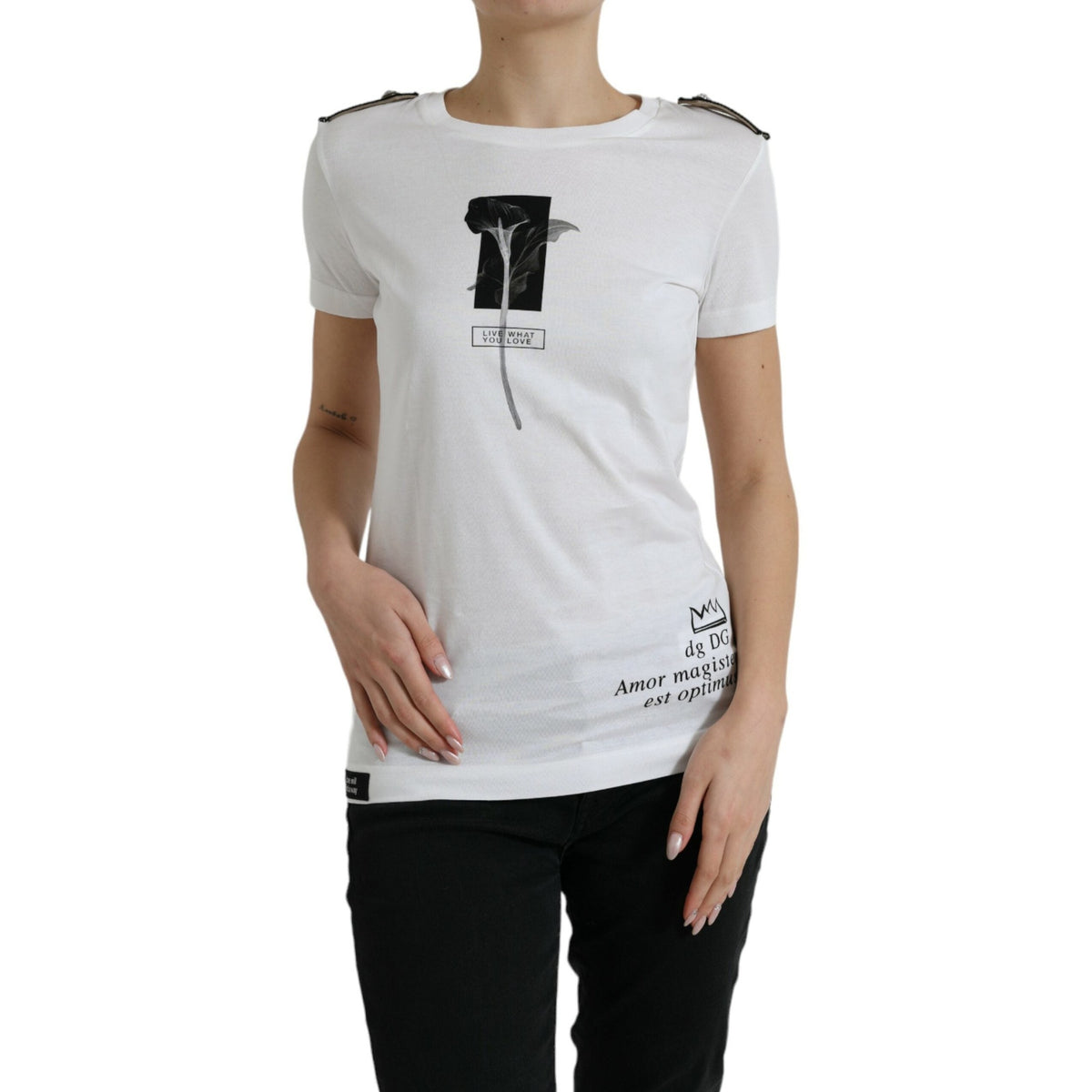 Dolce & Gabbana White Black Roses Crewneck Cotton T-shirt