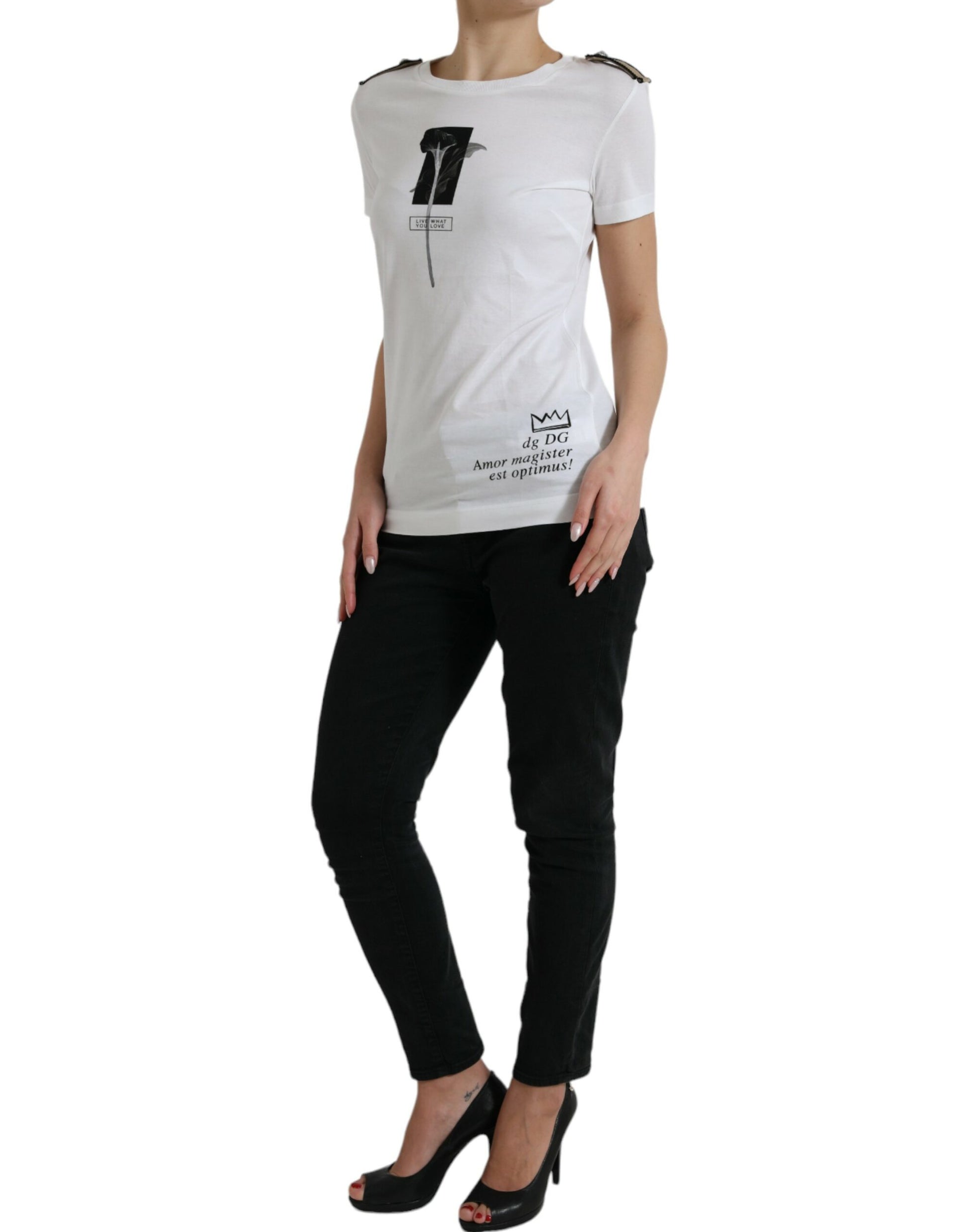 Dolce & Gabbana White Black Roses Crewneck Cotton T-shirt Dolce & Gabbana