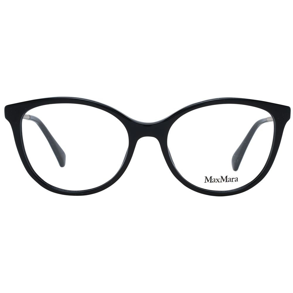 Max Mara black plastic eyeglass frames with sleek design, featuring clear lenses and stylish rectangular shape.
