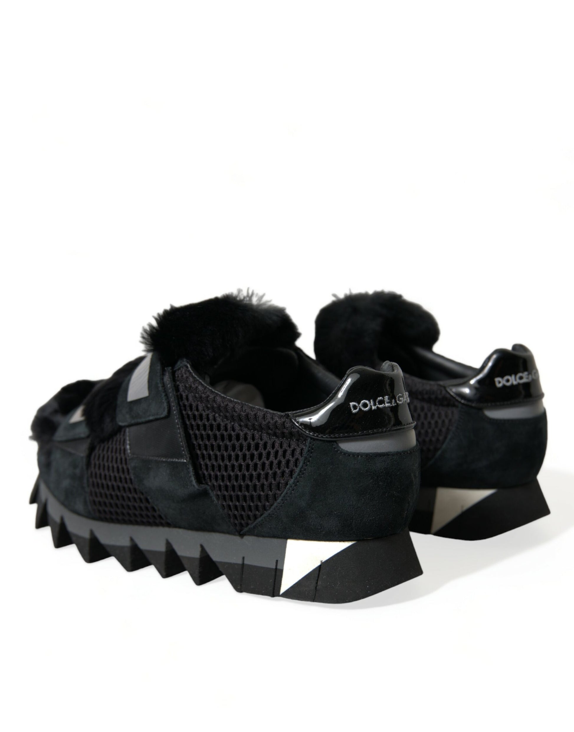 Dolce & Gabbana Black Fur Embellished Suede Sneakers Shoes Dolce & Gabbana