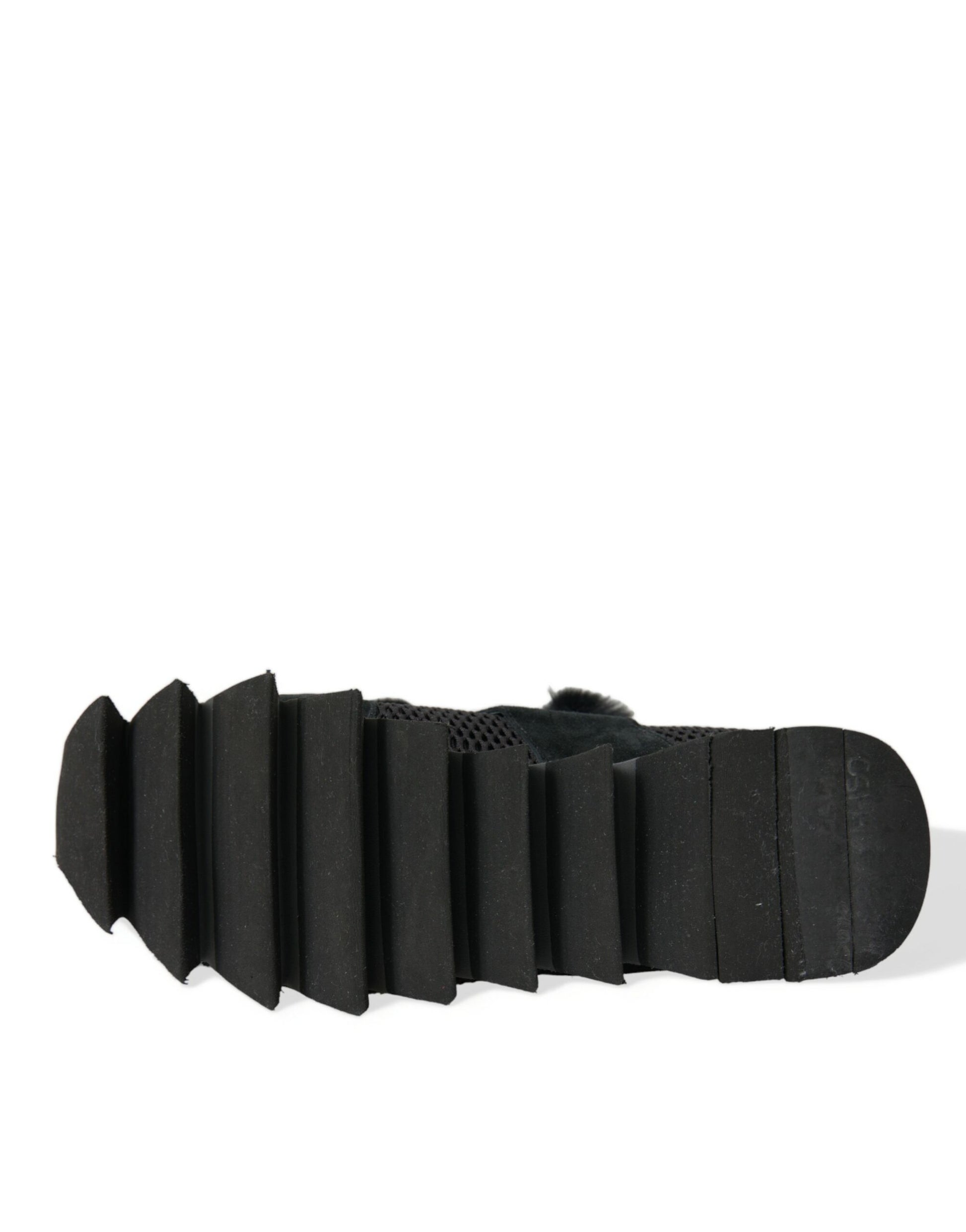 Dolce & Gabbana Black Fur Embellished Suede Sneakers Shoes Dolce & Gabbana