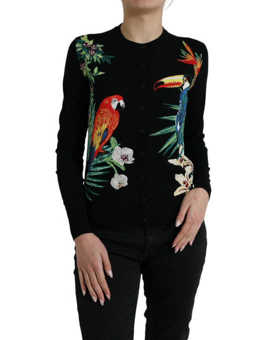 Dolce & Gabbana Black Bird Wool Long Sleeve Cardigan Sweater Dolce & Gabbana