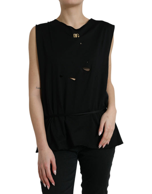 Dolce & Gabbana Black Cotton Lace Up Logo Round Neck Tank Top Dolce & Gabbana