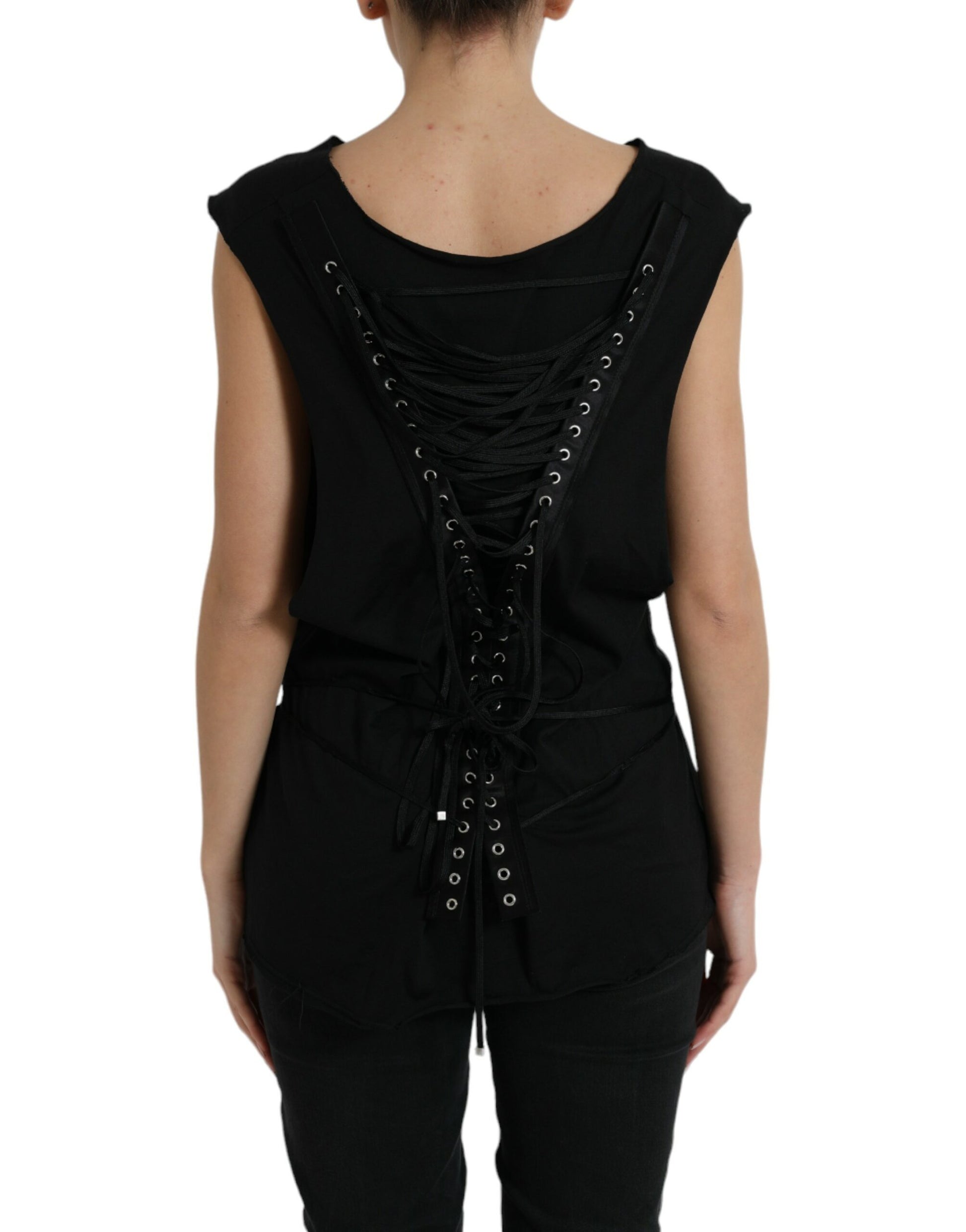 Dolce & Gabbana Black Cotton Lace Up Logo Round Neck Tank Top Dolce & Gabbana