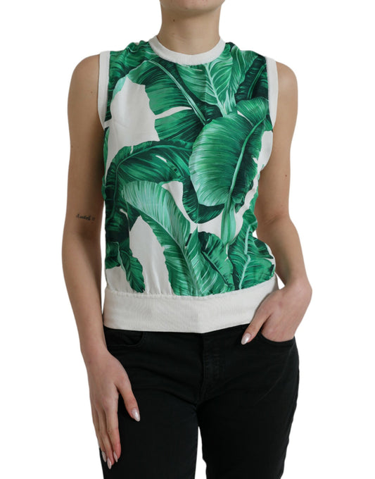 Dolce & Gabbana White Banana Leaf Print Crew Neck Tank Top Dolce & Gabbana
