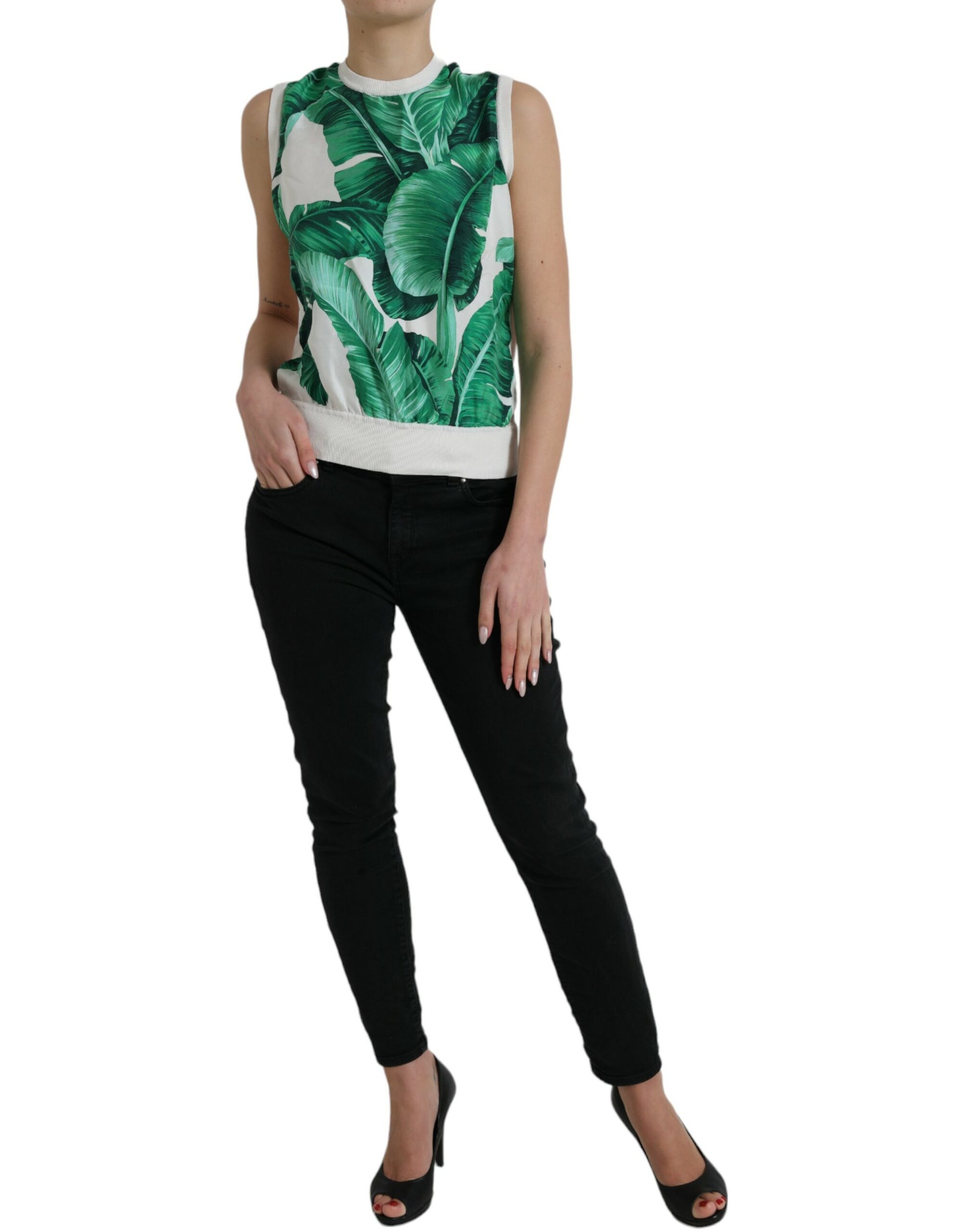 Dolce & Gabbana White Banana Leaf Print Crew Neck Tank Top Dolce & Gabbana