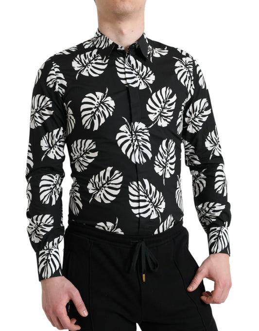 Dolce & Gabbana Black Leaf Cotton Men Formal GOLD Dress Shirt Dolce & Gabbana