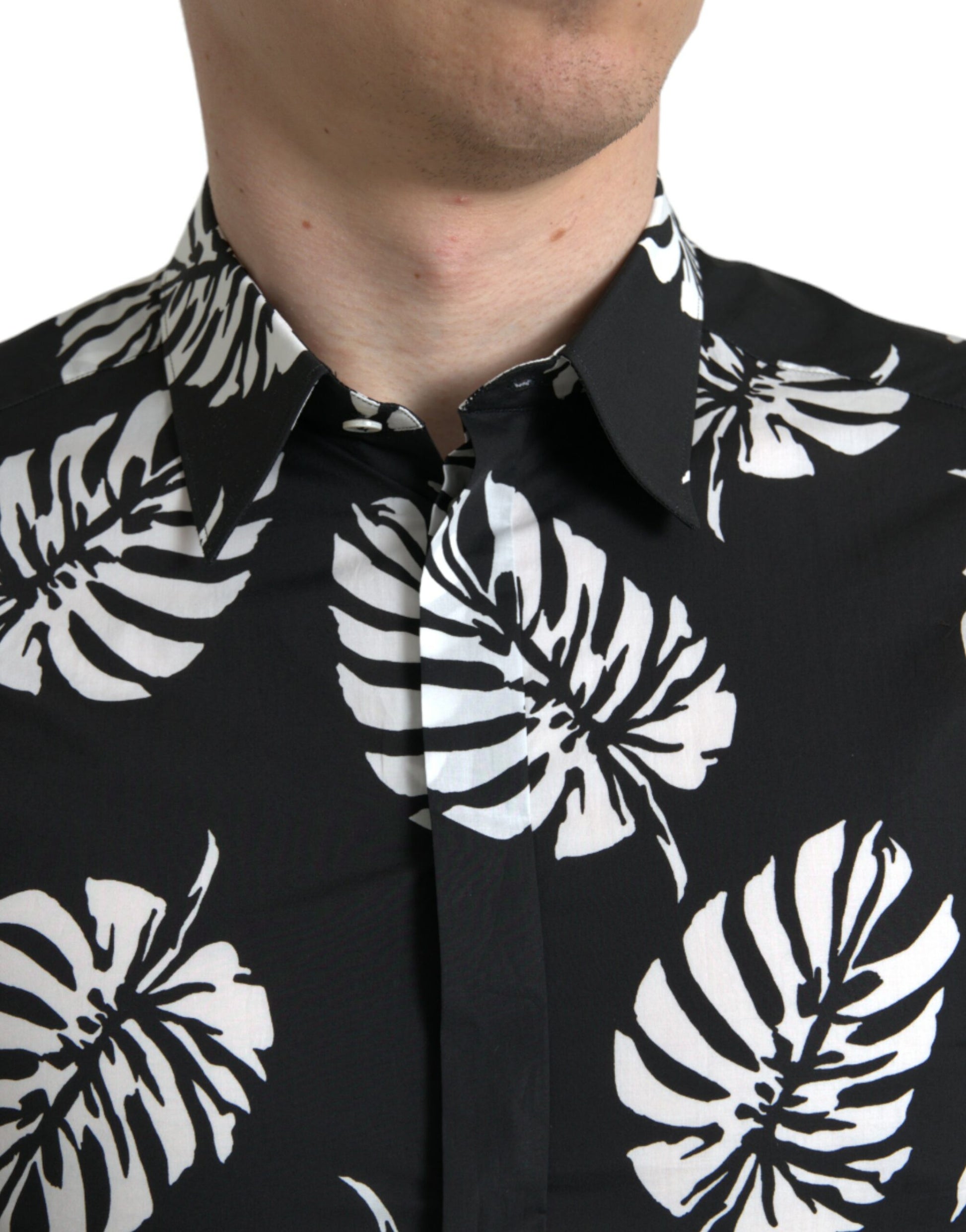 Dolce & Gabbana Black Leaf Cotton Men Formal GOLD Dress Shirt Dolce & Gabbana
