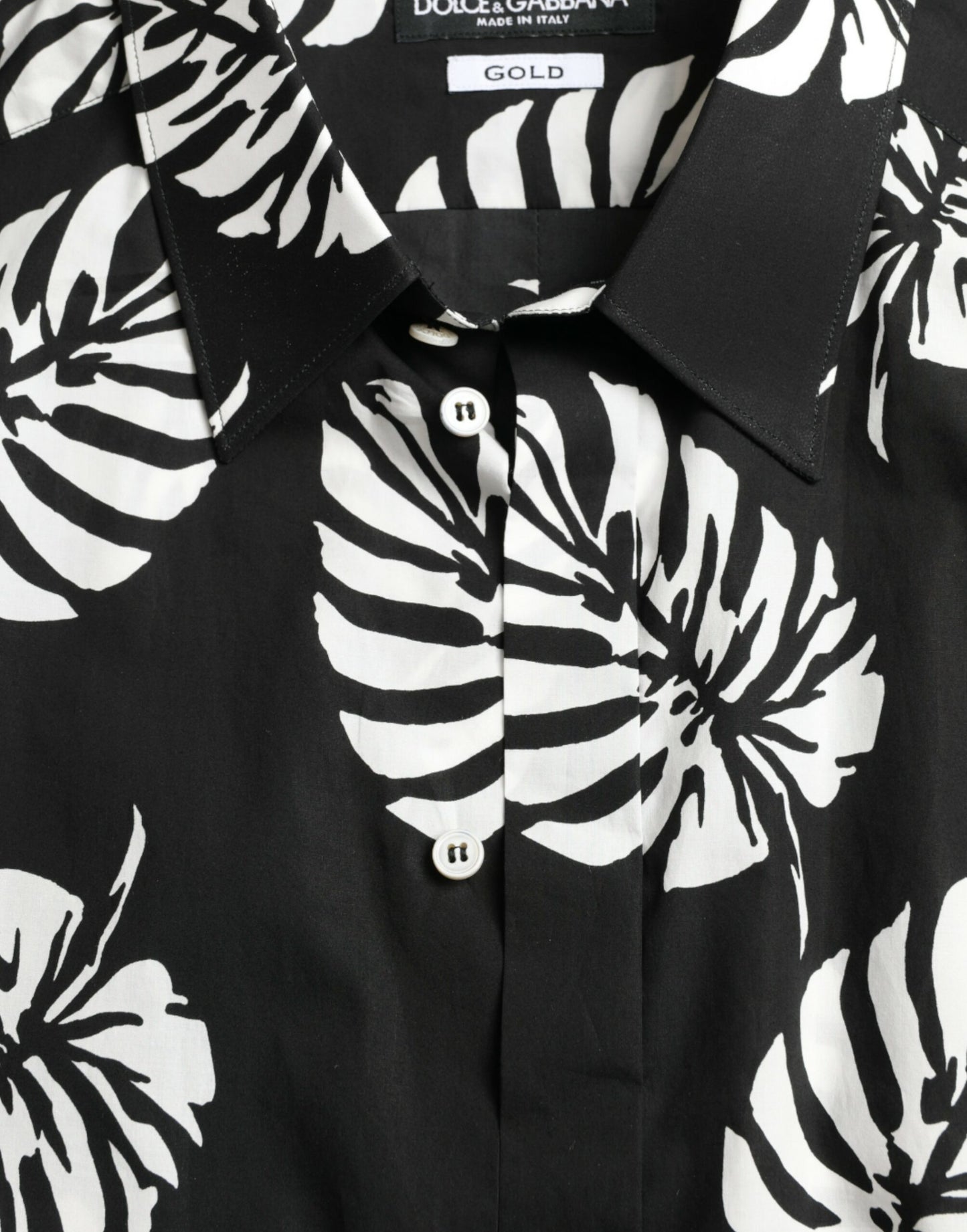 Dolce & Gabbana Black Leaf Cotton Men Formal GOLD Dress Shirt Dolce & Gabbana