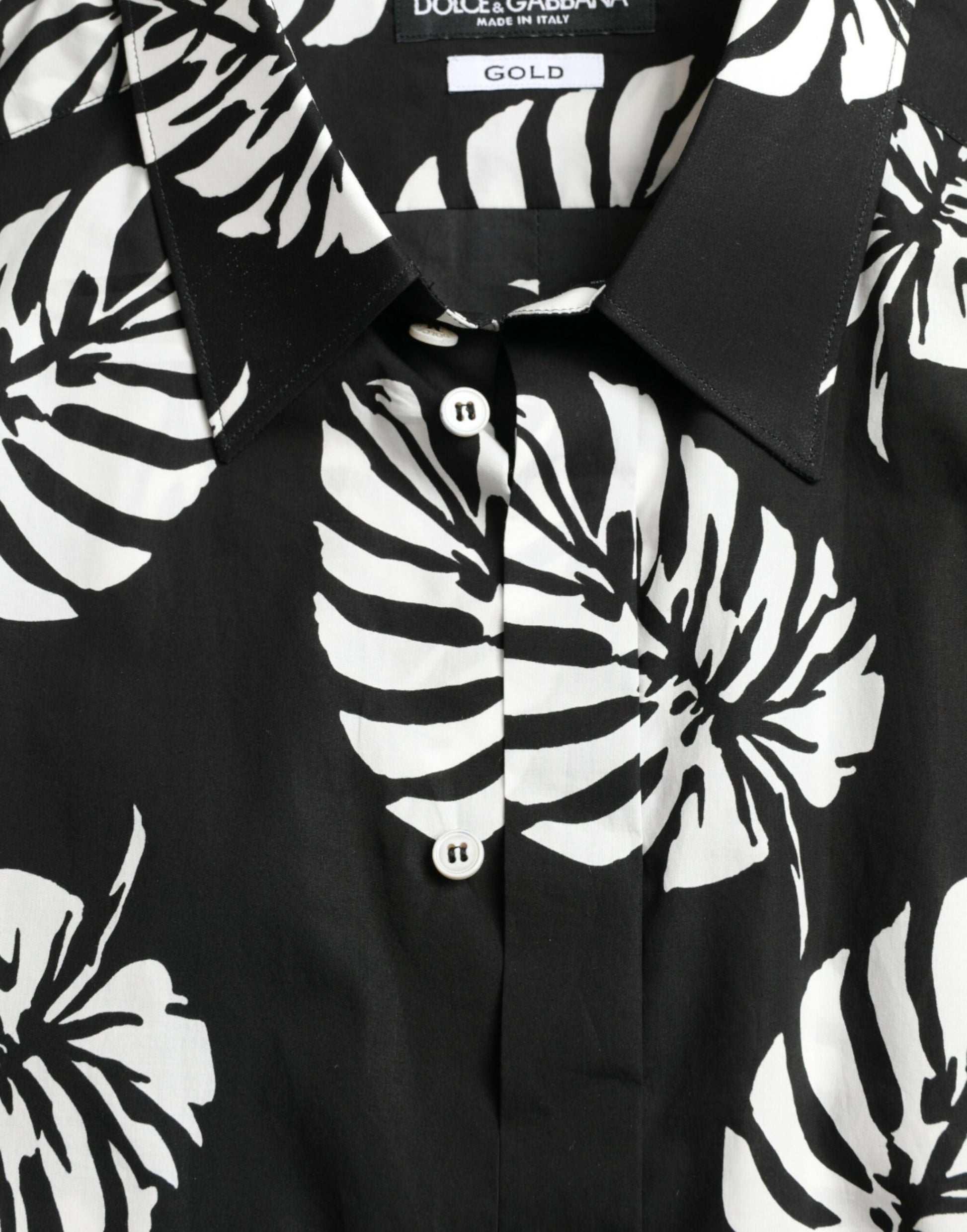 Dolce & Gabbana Black Leaf Cotton Men Formal GOLD Dress Shirt Dolce & Gabbana