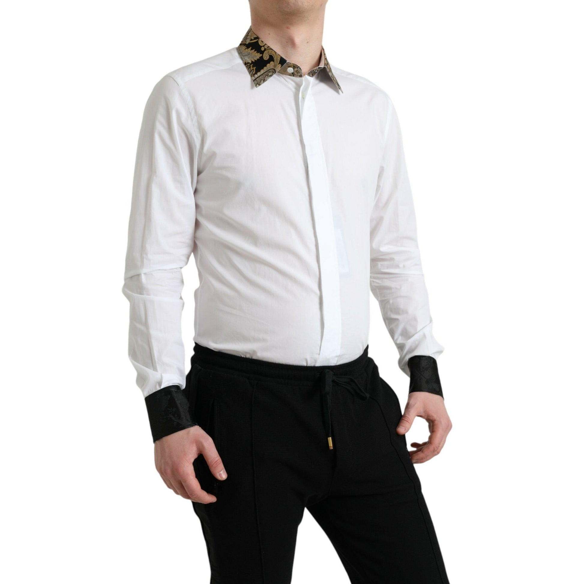 Dolce & Gabbana White Cotton Jacquard Formal GOLD Dress Shirt Dolce & Gabbana