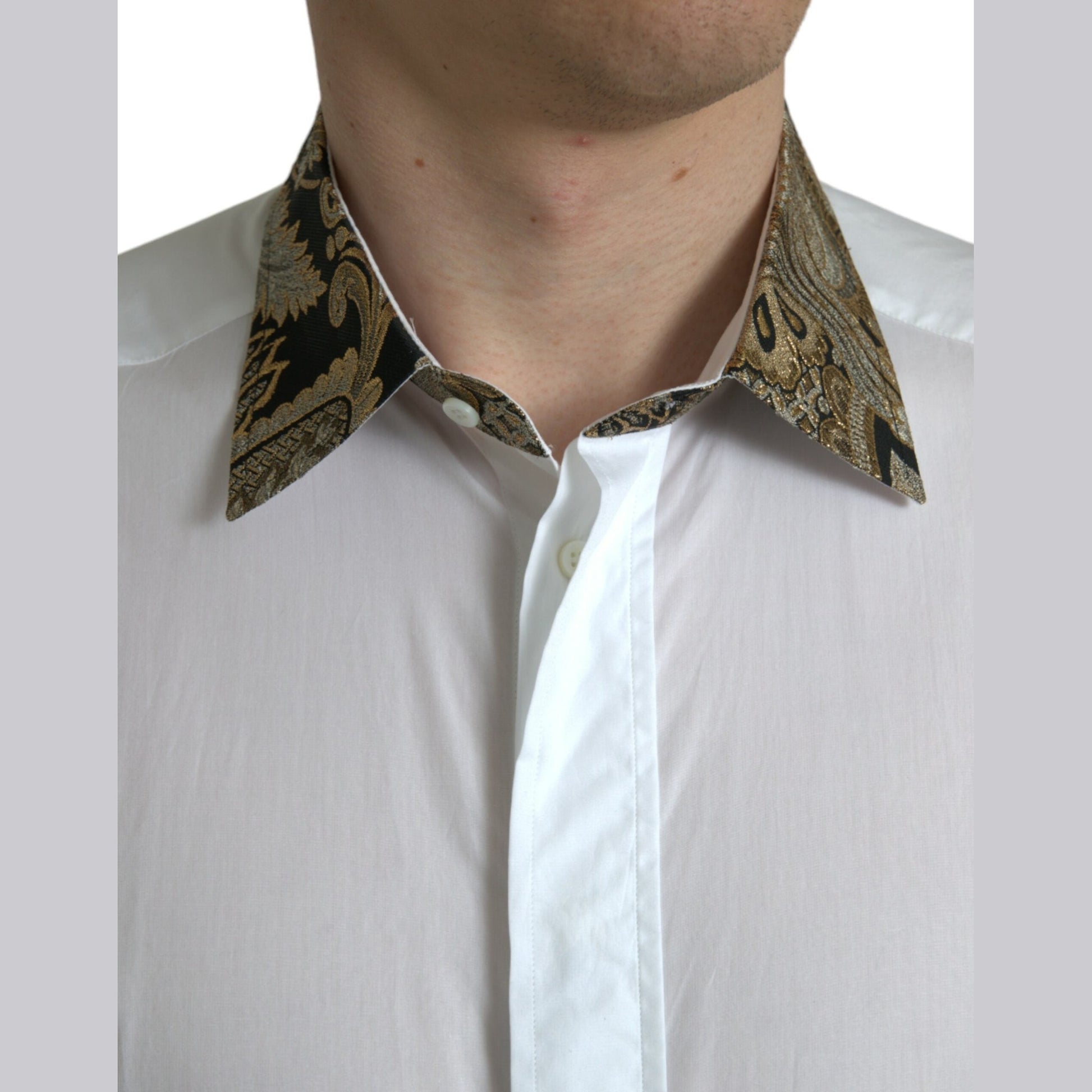 Dolce & Gabbana White Cotton Jacquard Formal GOLD Dress Shirt Dolce & Gabbana