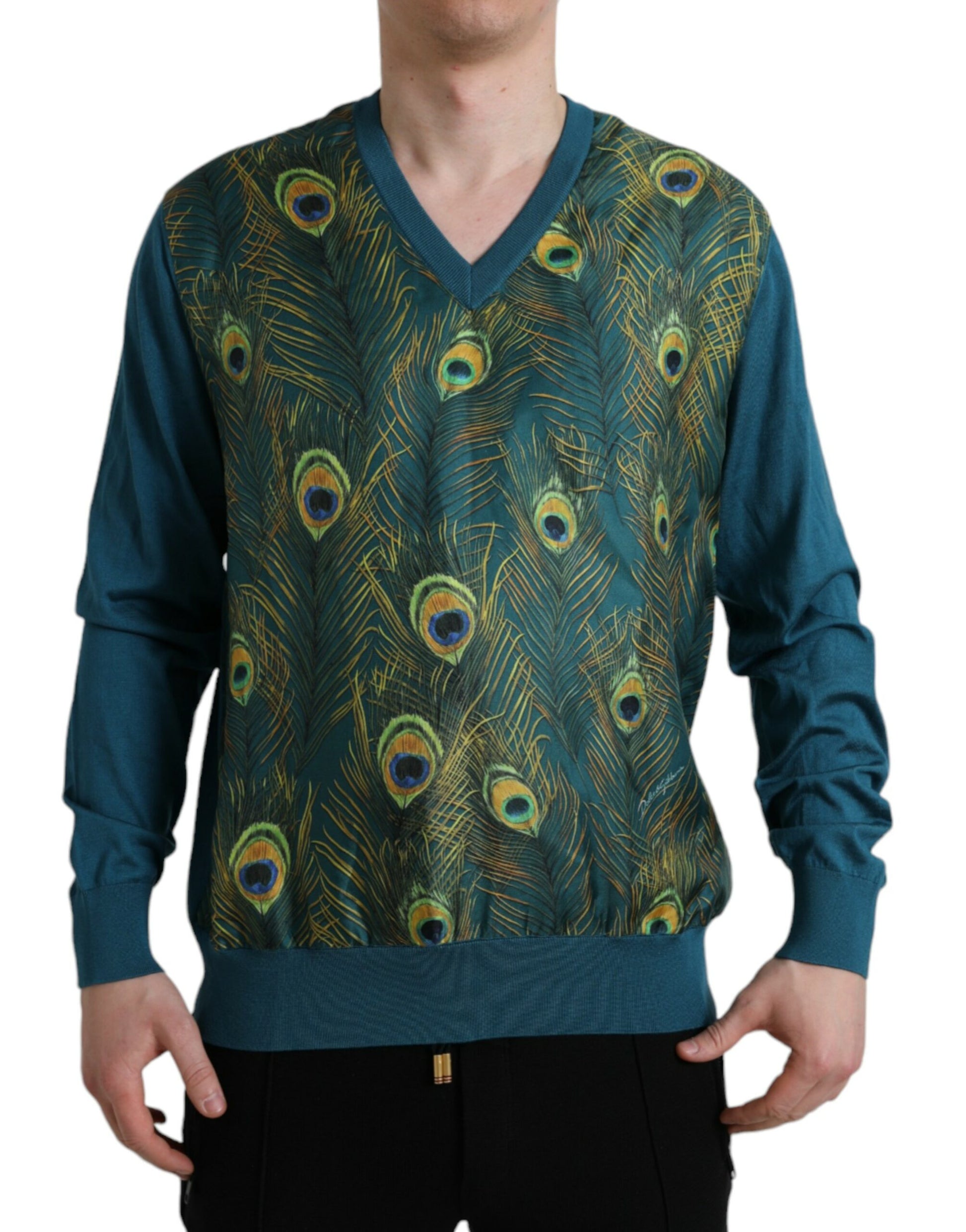 Dolce & Gabbana Green Peacock Feather Pullover Sweater Dolce & Gabbana