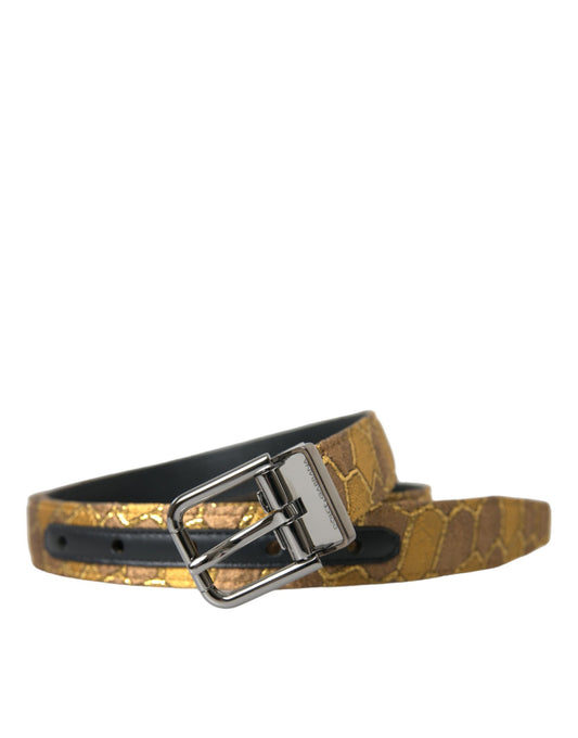 Dolce & Gabbana Gold Leather Jacquard Silver Metal Buckle Belt Dolce & Gabbana