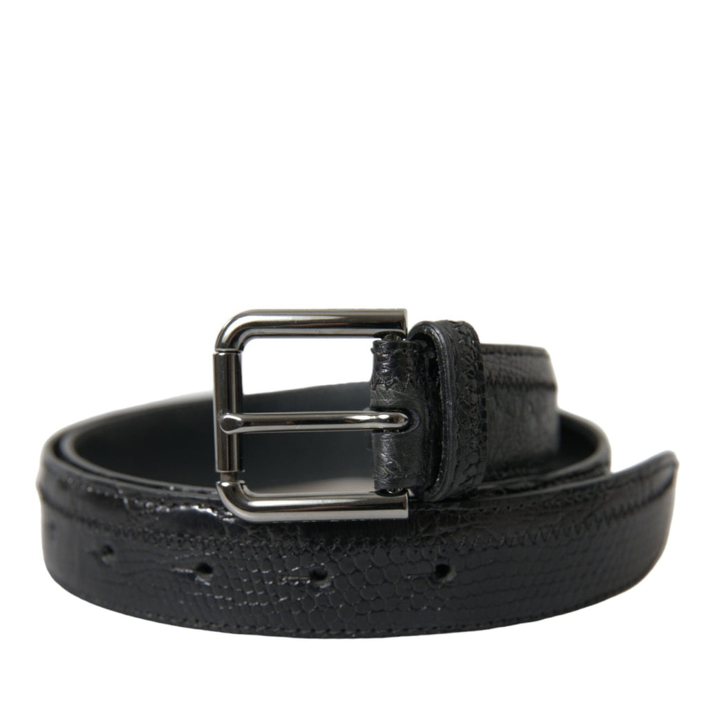Dolce & Gabbana black exotic leather belt with silver metal buckle, showcasing luxurious texture and stylish design.