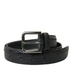 Dolce & Gabbana black exotic leather belt with silver metal buckle, showcasing luxurious texture and stylish design.