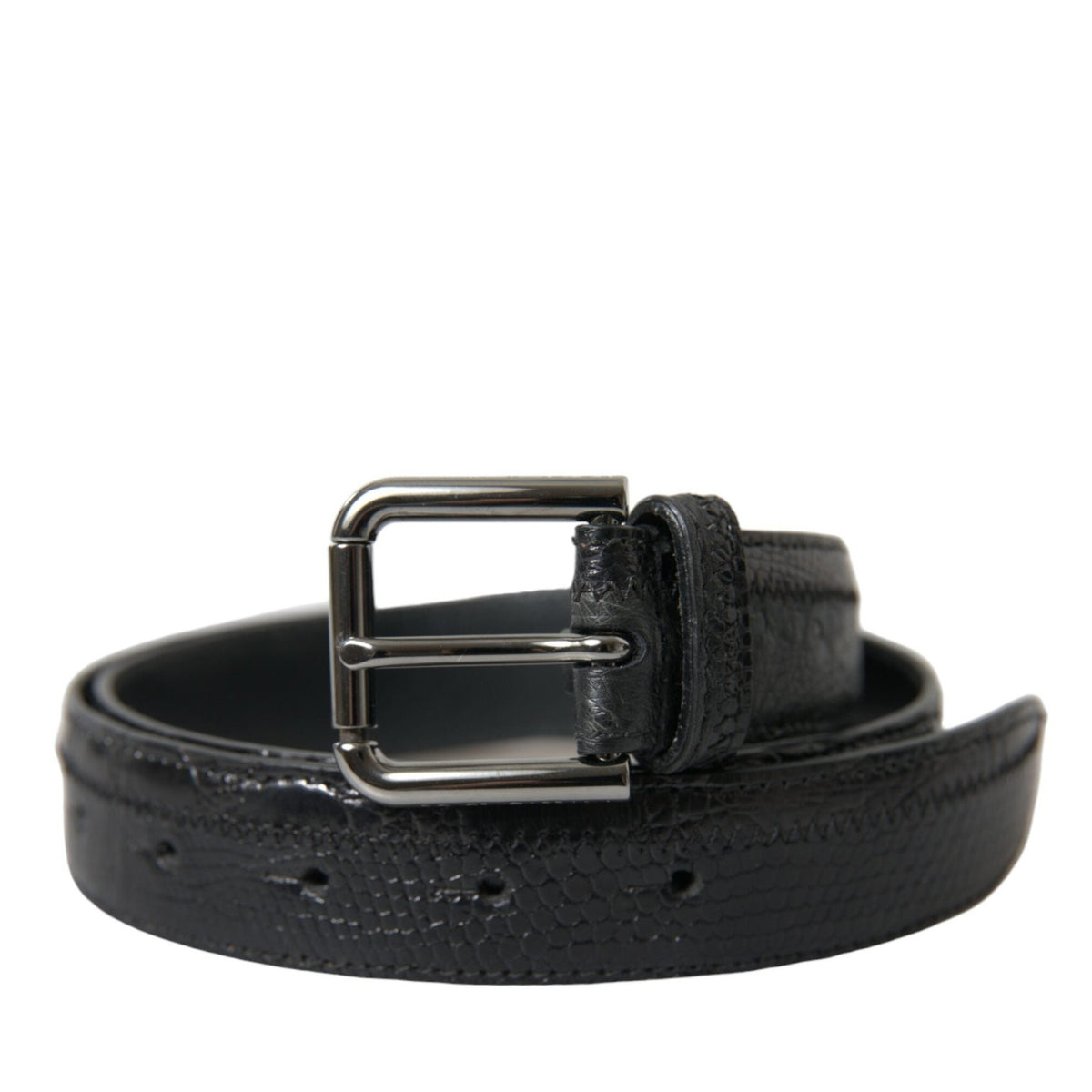 Dolce & Gabbana black exotic leather belt with silver metal buckle, showcasing luxurious texture and stylish design.