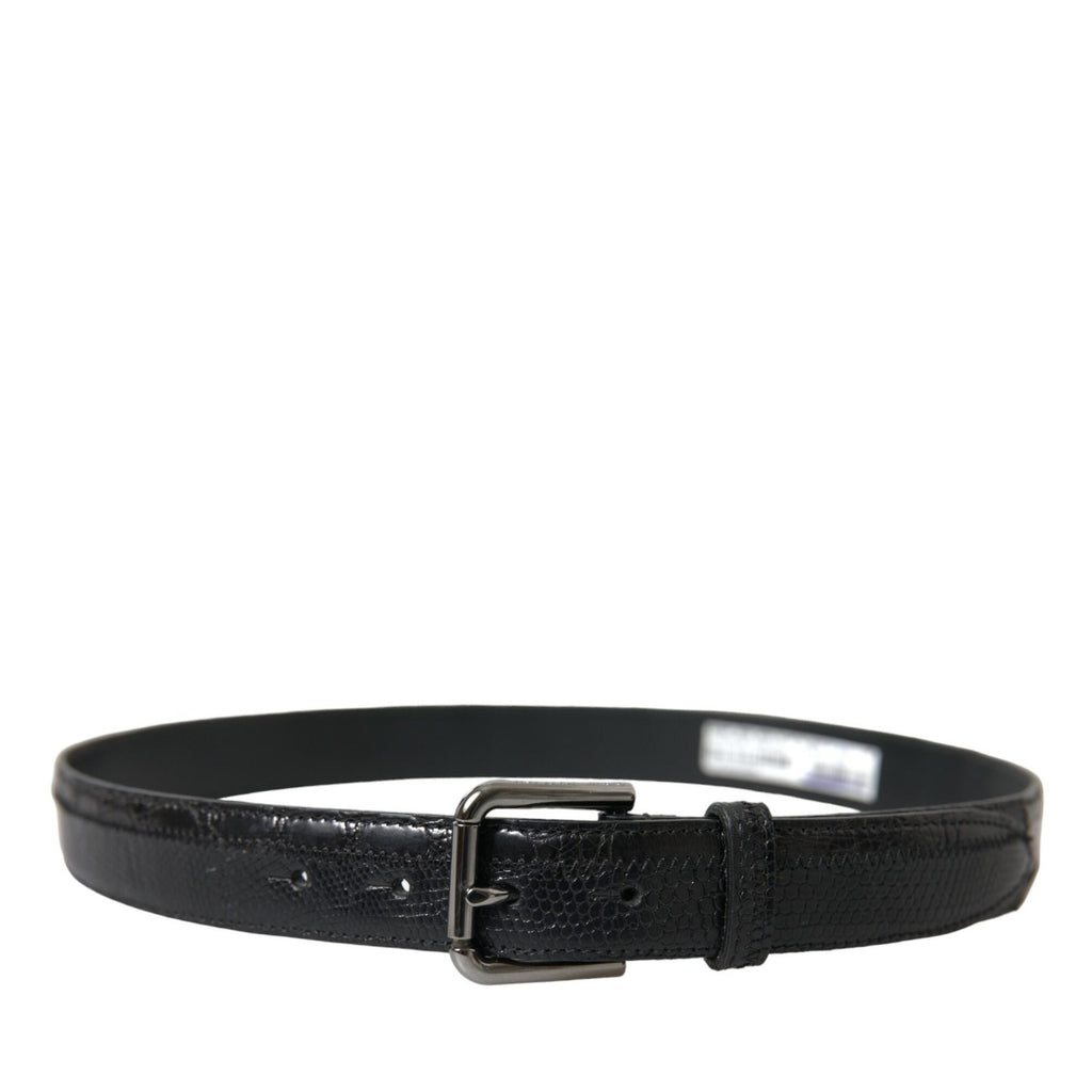 Dolce & Gabbana black exotic leather belt with silver metal buckle, stylish accessory for men or women.