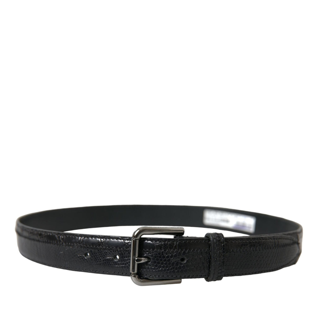 Dolce & Gabbana black exotic leather belt with silver metal buckle, stylish accessory for men or women.