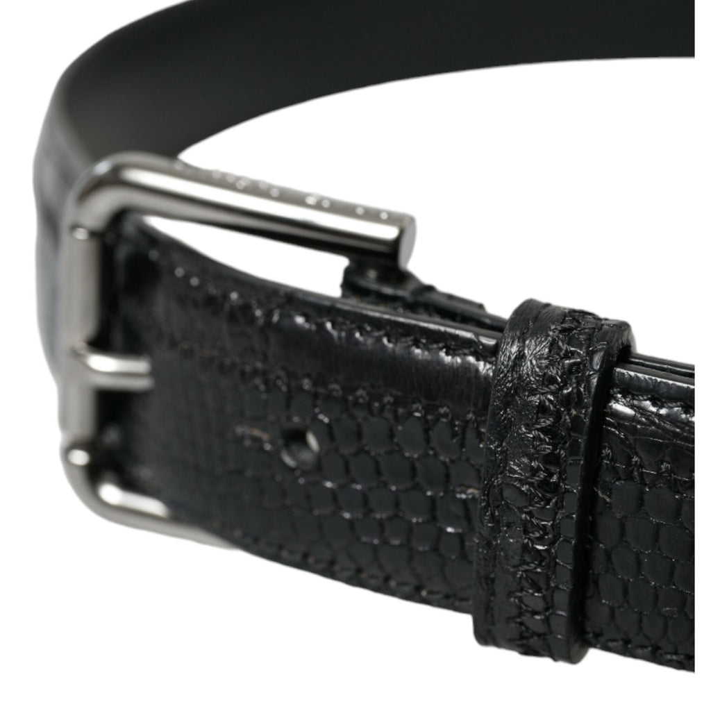 Dolce & Gabbana black exotic leather belt with silver metal buckle, stylish and luxurious accessory for men or women.