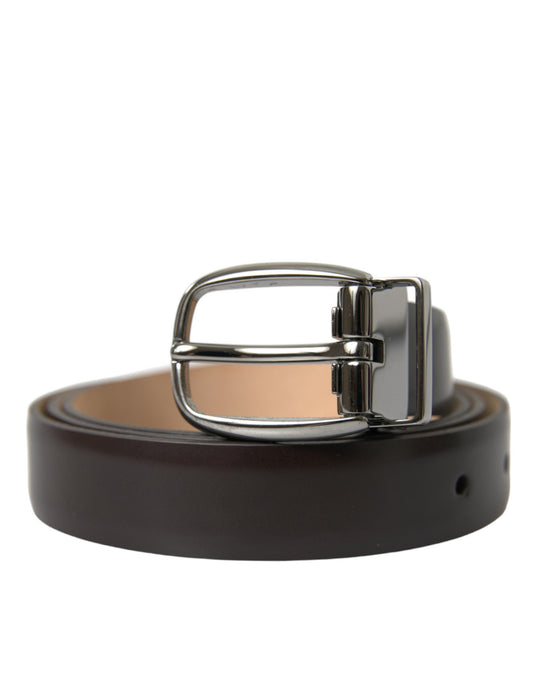 Dolce & Gabbana Dark Brown Leather Silver Metal Buckle Belt Dolce & Gabbana
